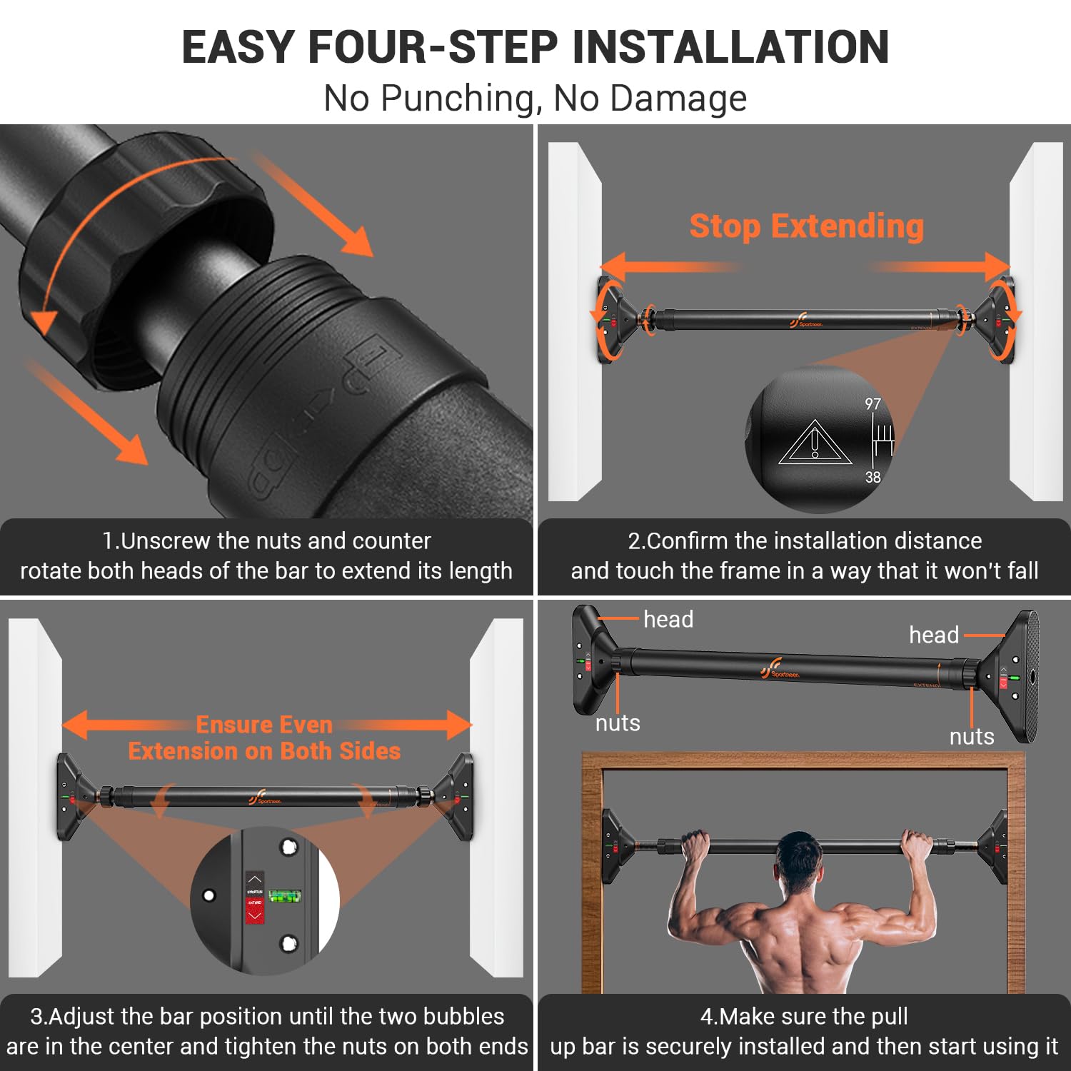 craques pull up bar no screws easy four-step installation with secure mounting between two walls and user doing pull ups