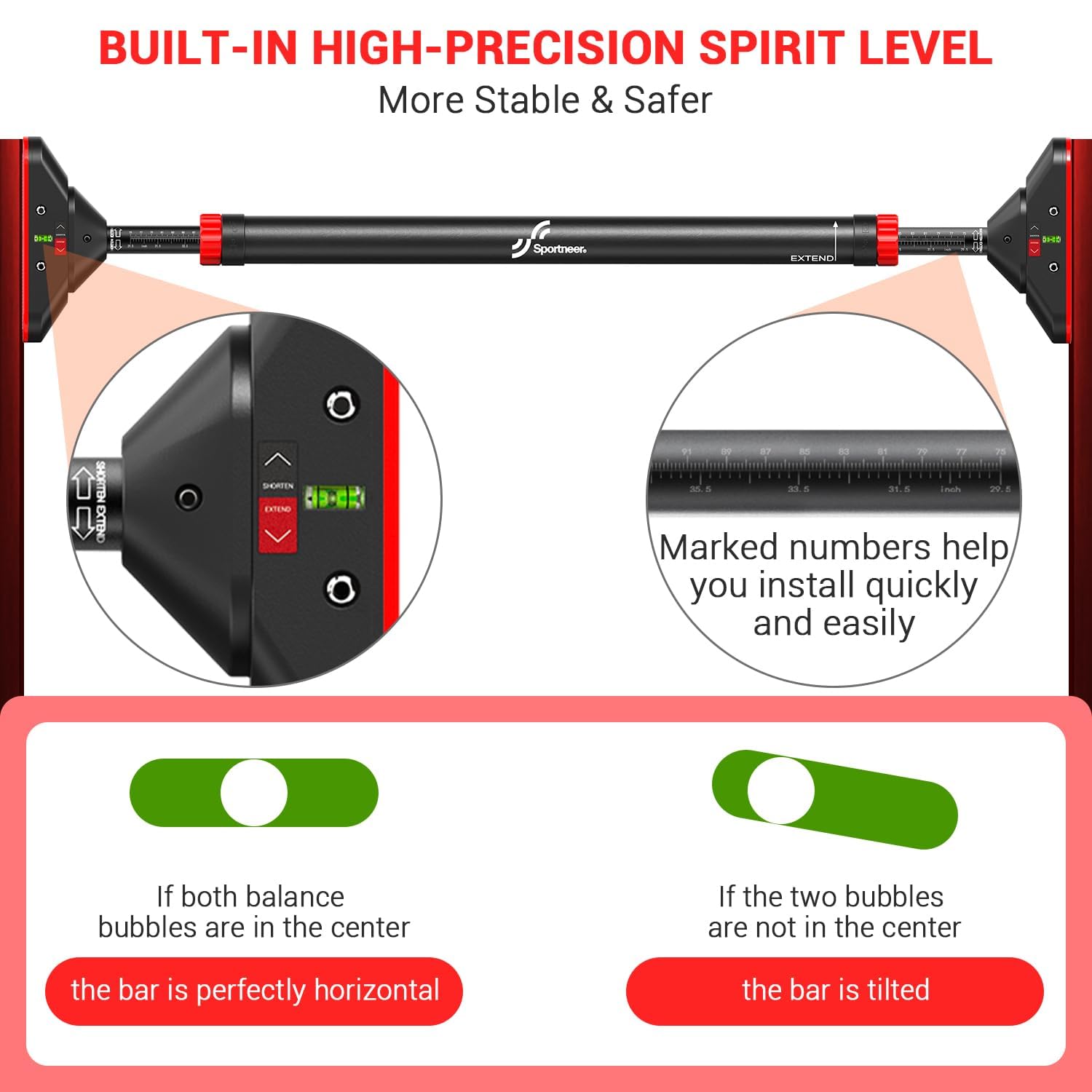 Craques pull up bar no screws with built-in high-precision spirit level for easy and stable installation