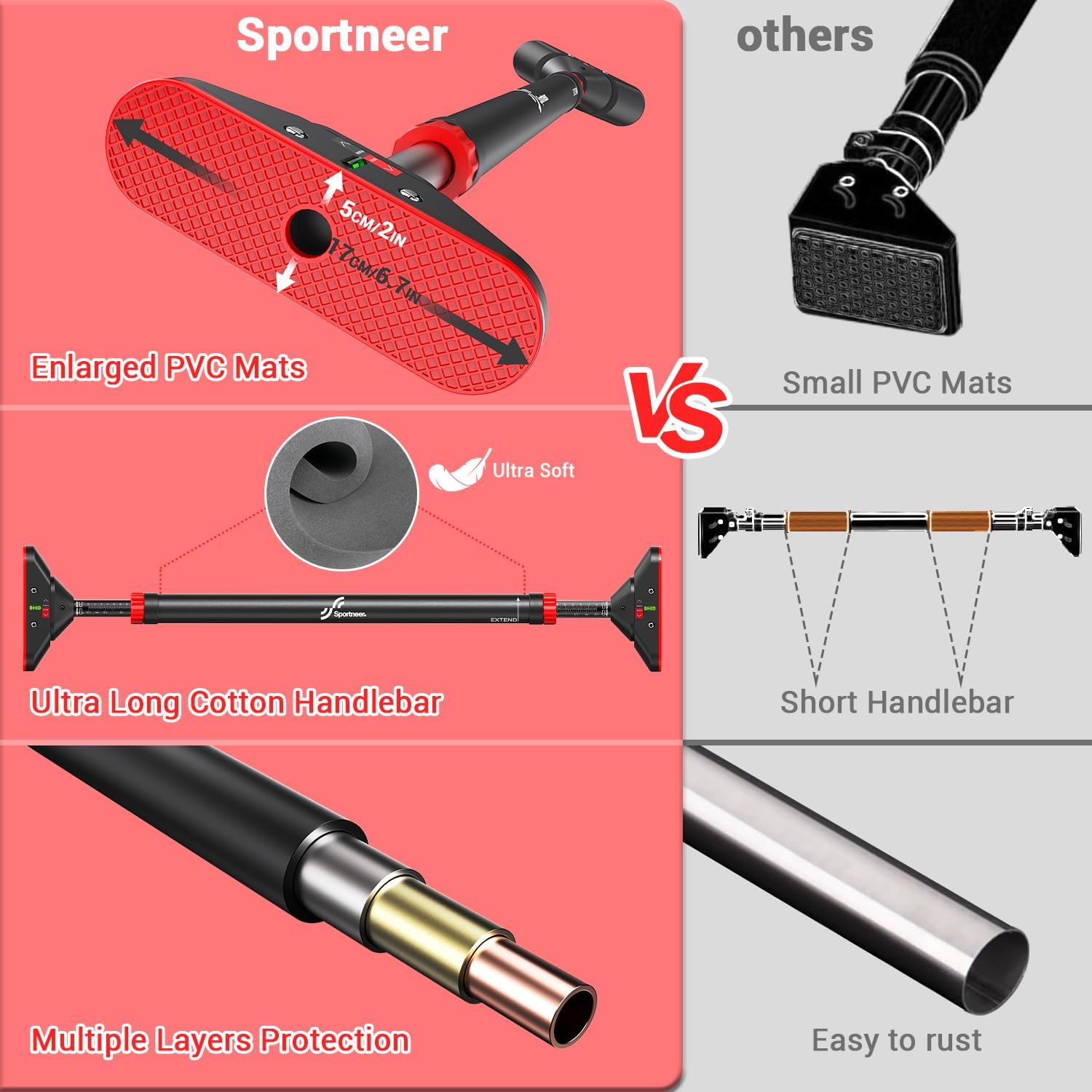 Craques pull up bar no screws with enlarged PVC mats ultra soft long cotton handlebar and multiple layer protection