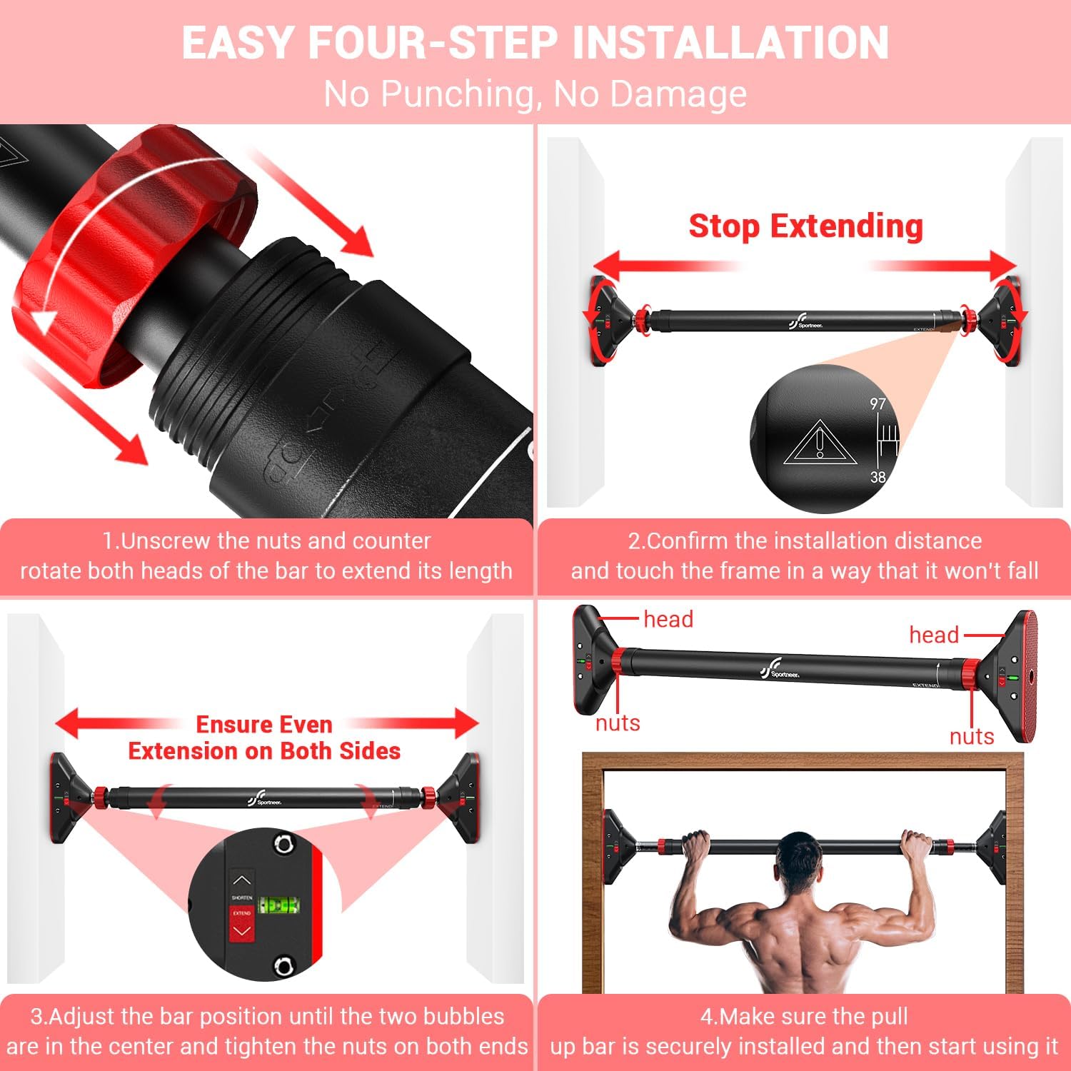 Craques pull up bar no screws with easy four-step installation for secure wall mounting without damage