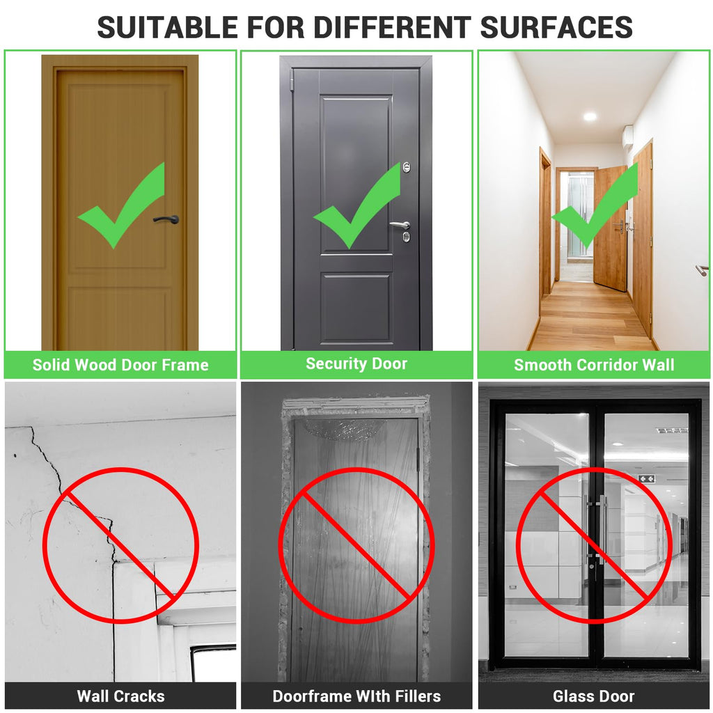 Diagram showing suitable surfaces for craques pull up bar no screws including solid wood door frame, security door, and smooth corridor wall