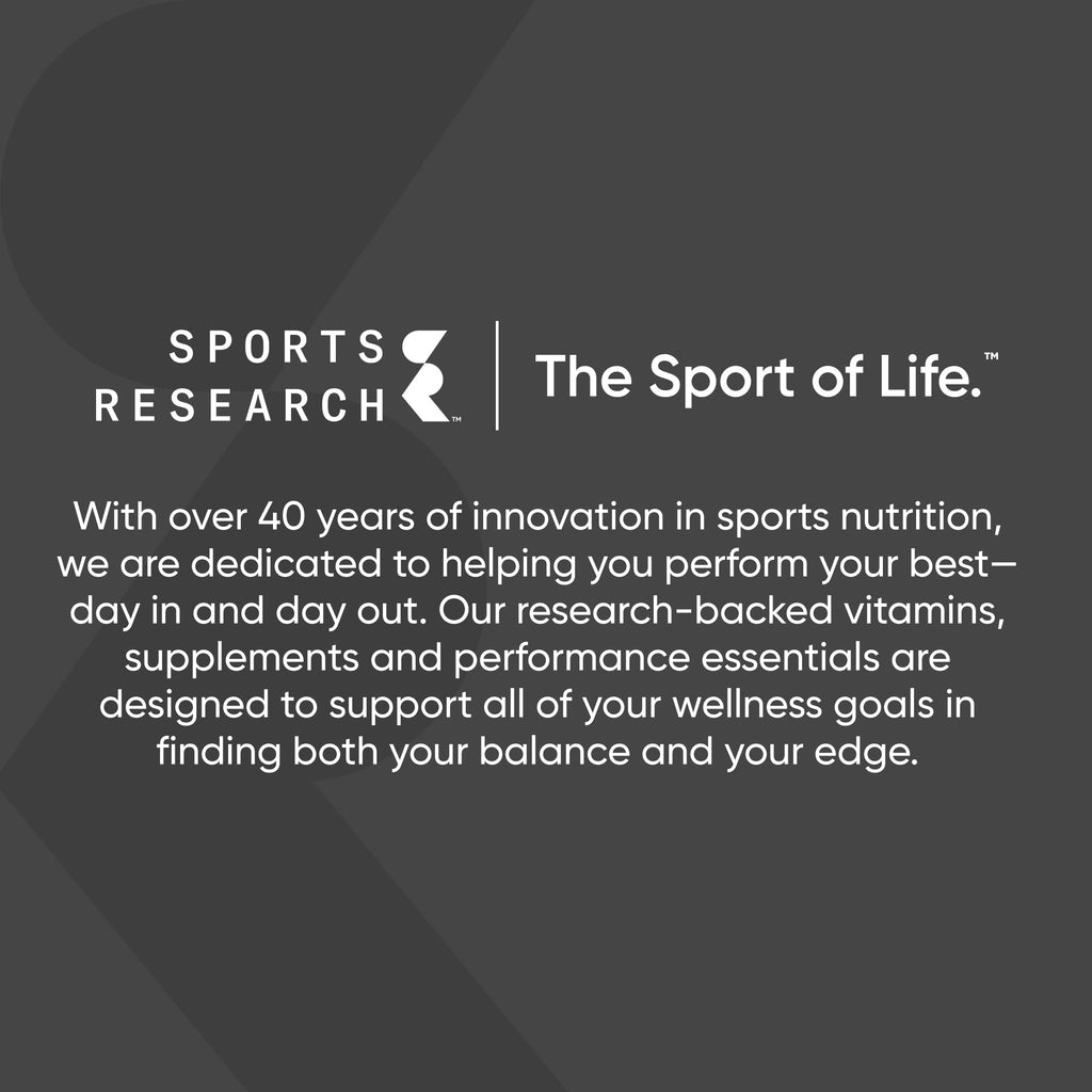 Sports Research brand logo with text about innovation in sports nutrition and wellness support