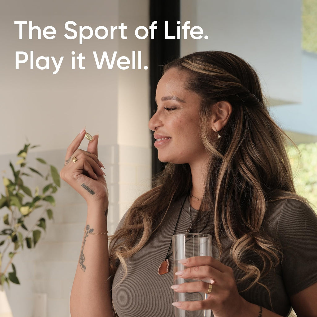 Woman holding a glass of water and capsule promoting triple strength omega 3 fish oil supplement