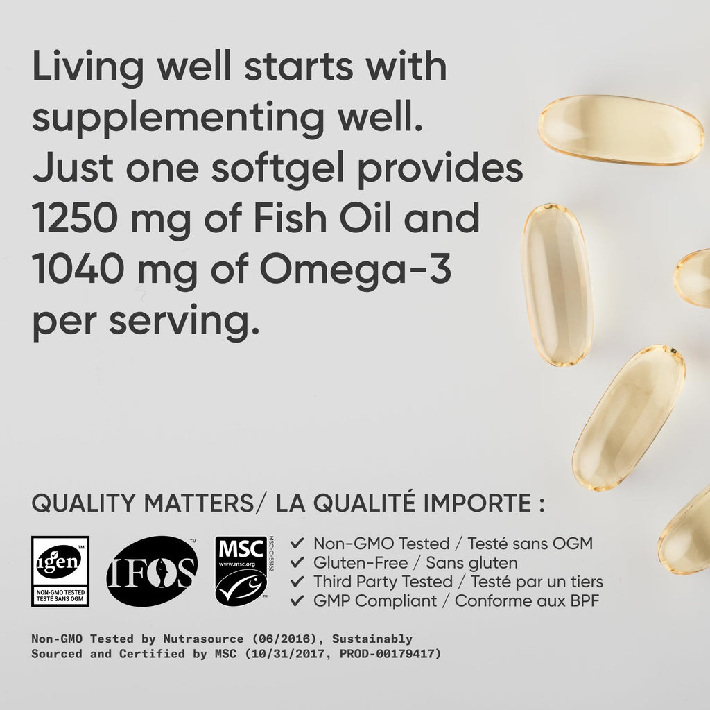 Triple strength omega 3 fish oil softgels by craques providing 1250 mg fish oil and 1040 mg omega 3 per serving