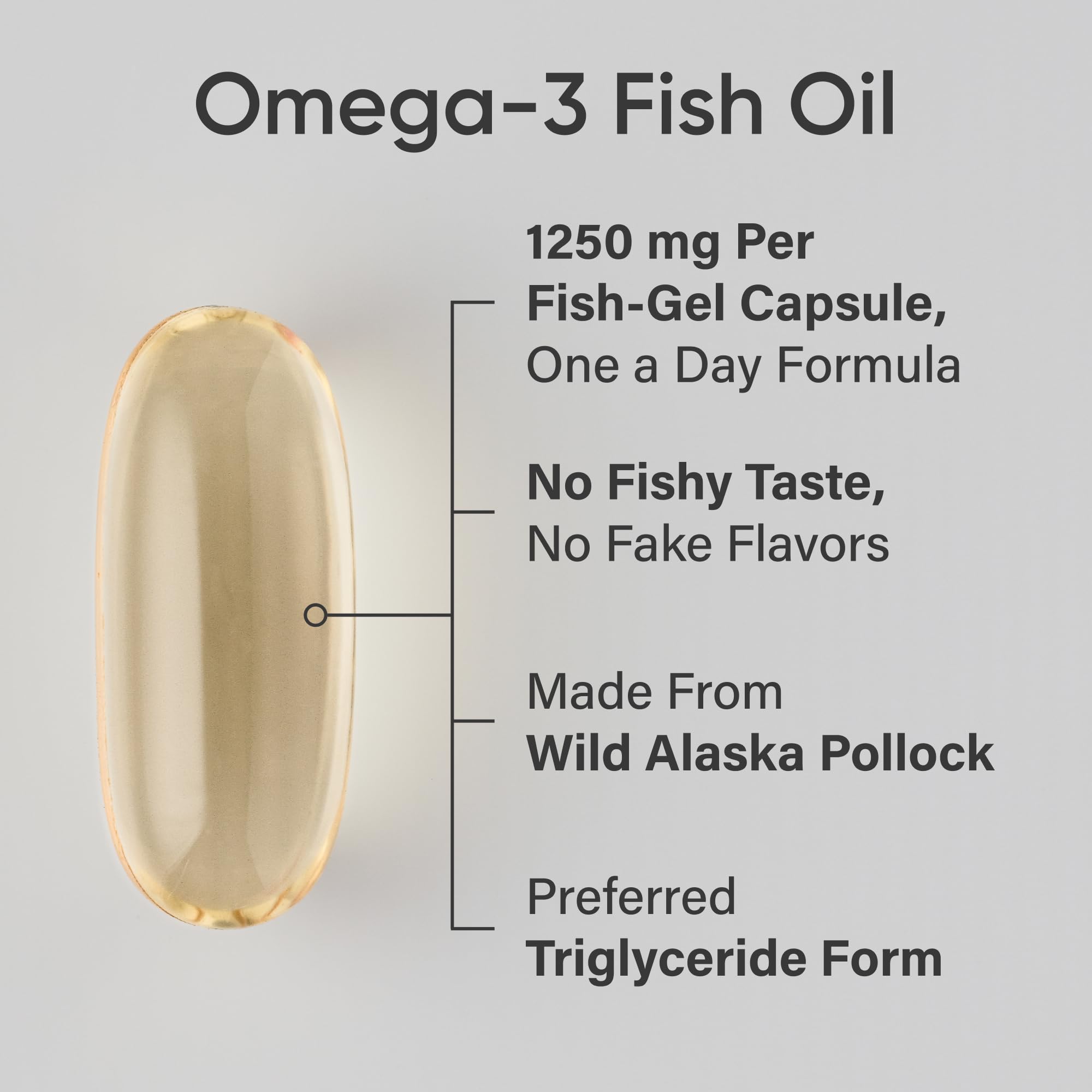 Triple strength omega 3 fish oil gel capsule with 1250 mg per serving made from wild Alaska pollock