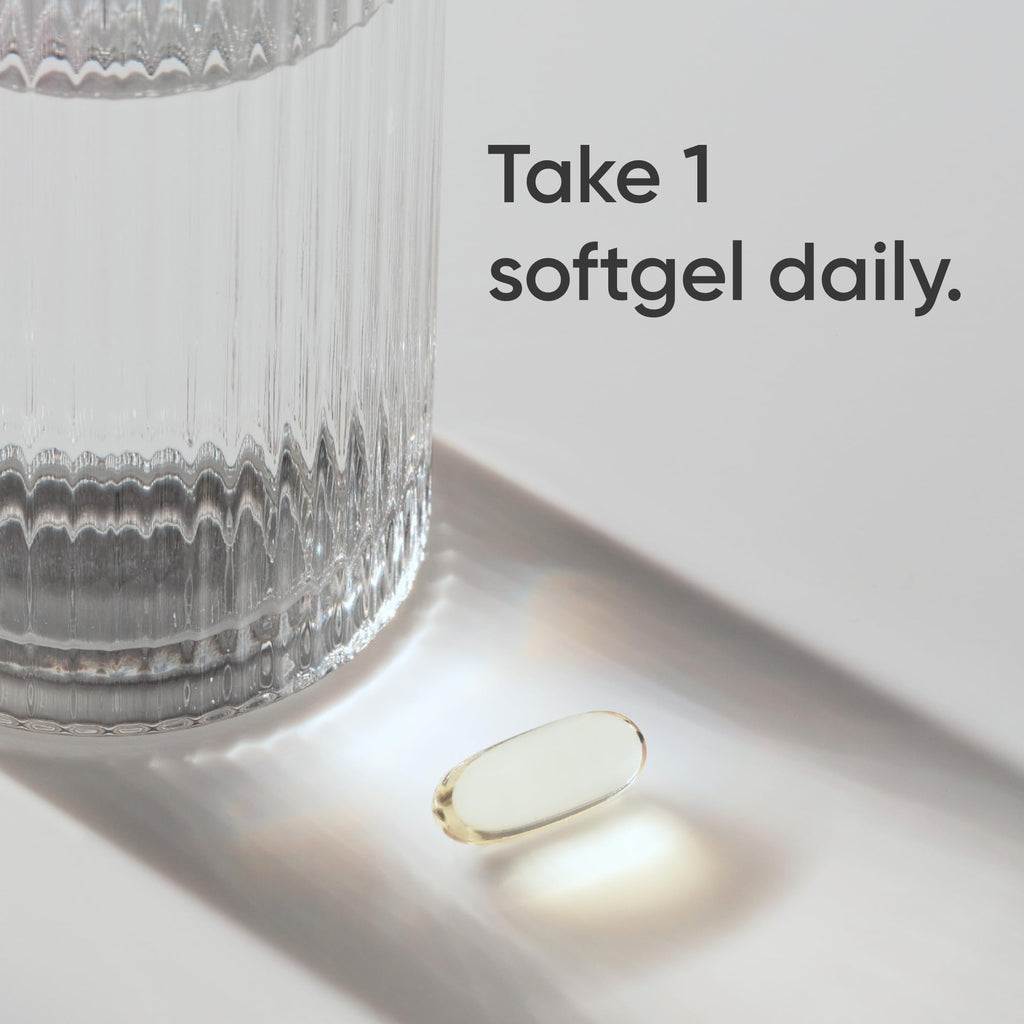 Single triple strength omega 3 fish oil softgel with a glass of water and daily usage instruction