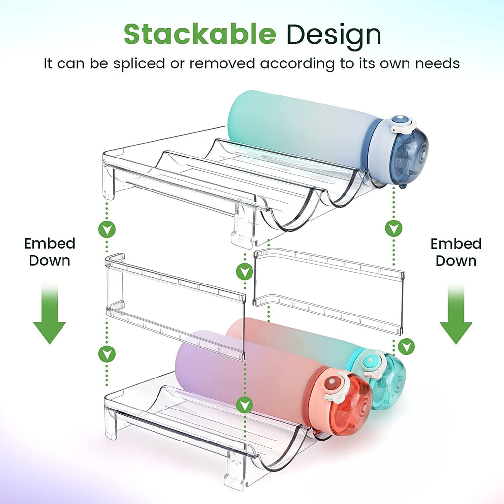 Stackable water bottle organizer for cabinet with clear design holding multiple bottles securely