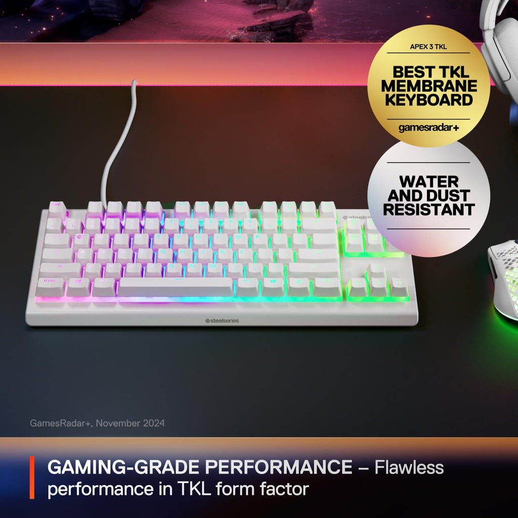 SteelSeries Apex 3 gaming keyboard in white with RGB backlighting and TKL form factor
