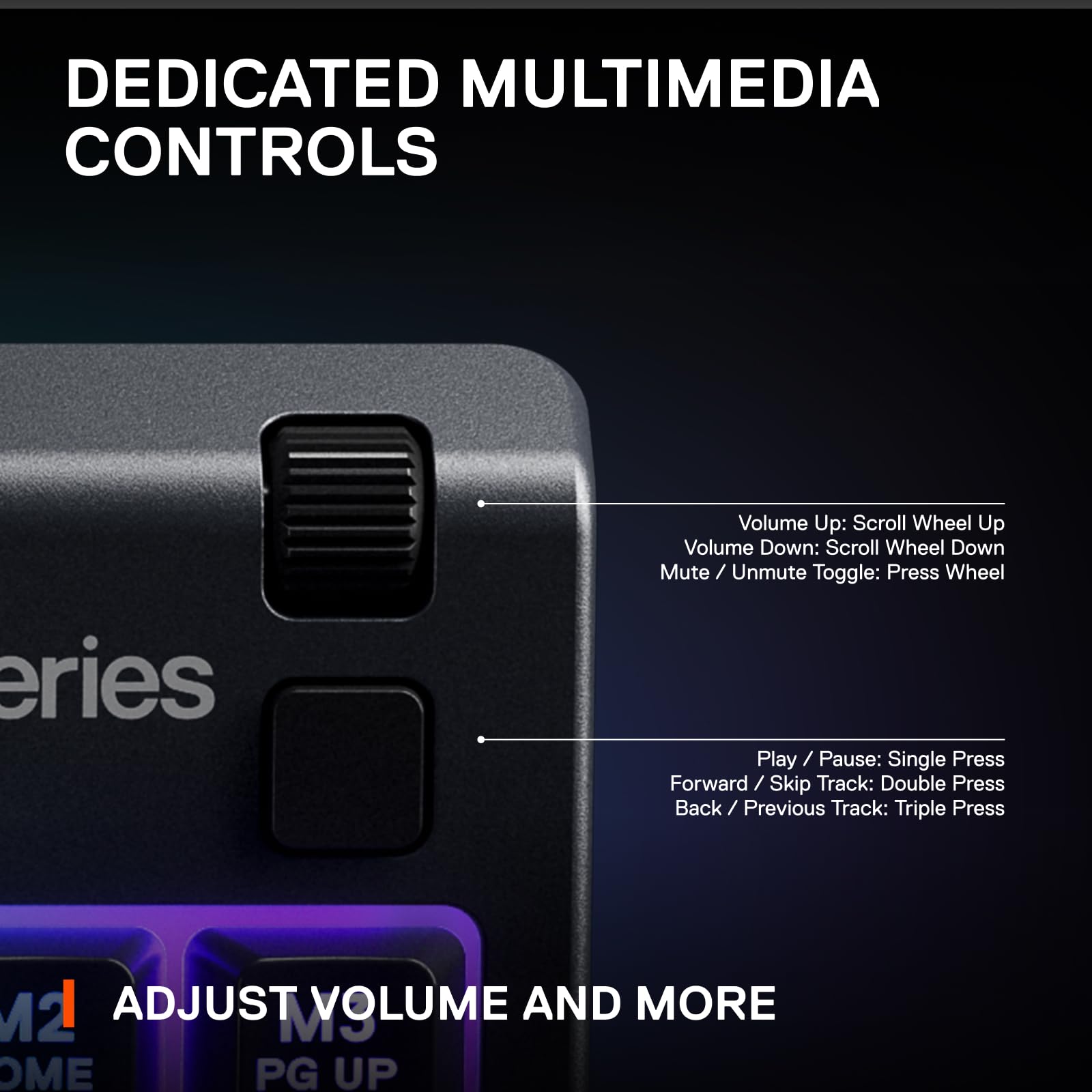 Close-up of dedicated multimedia controls on SteelSeries Apex 3 gaming keyboard with volume wheel and media buttons