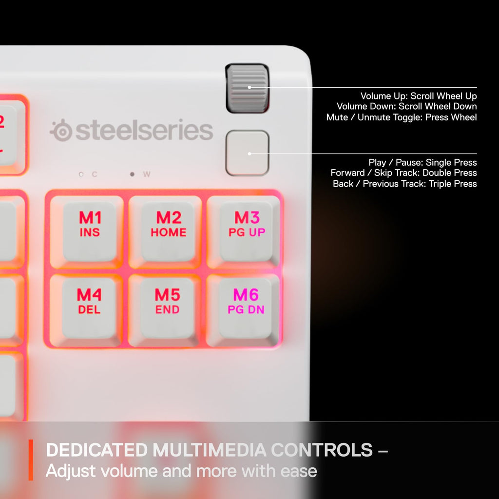 Close-up of SteelSeries Apex 3 gaming keyboard white model showing dedicated multimedia controls and volume wheel