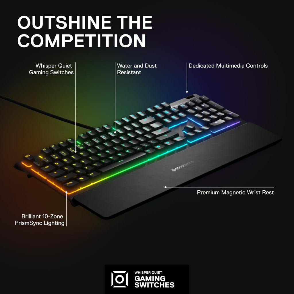 SteelSeries Apex 3 gaming keyboard with whisper quiet switches, water and dust resistance, and RGB lighting