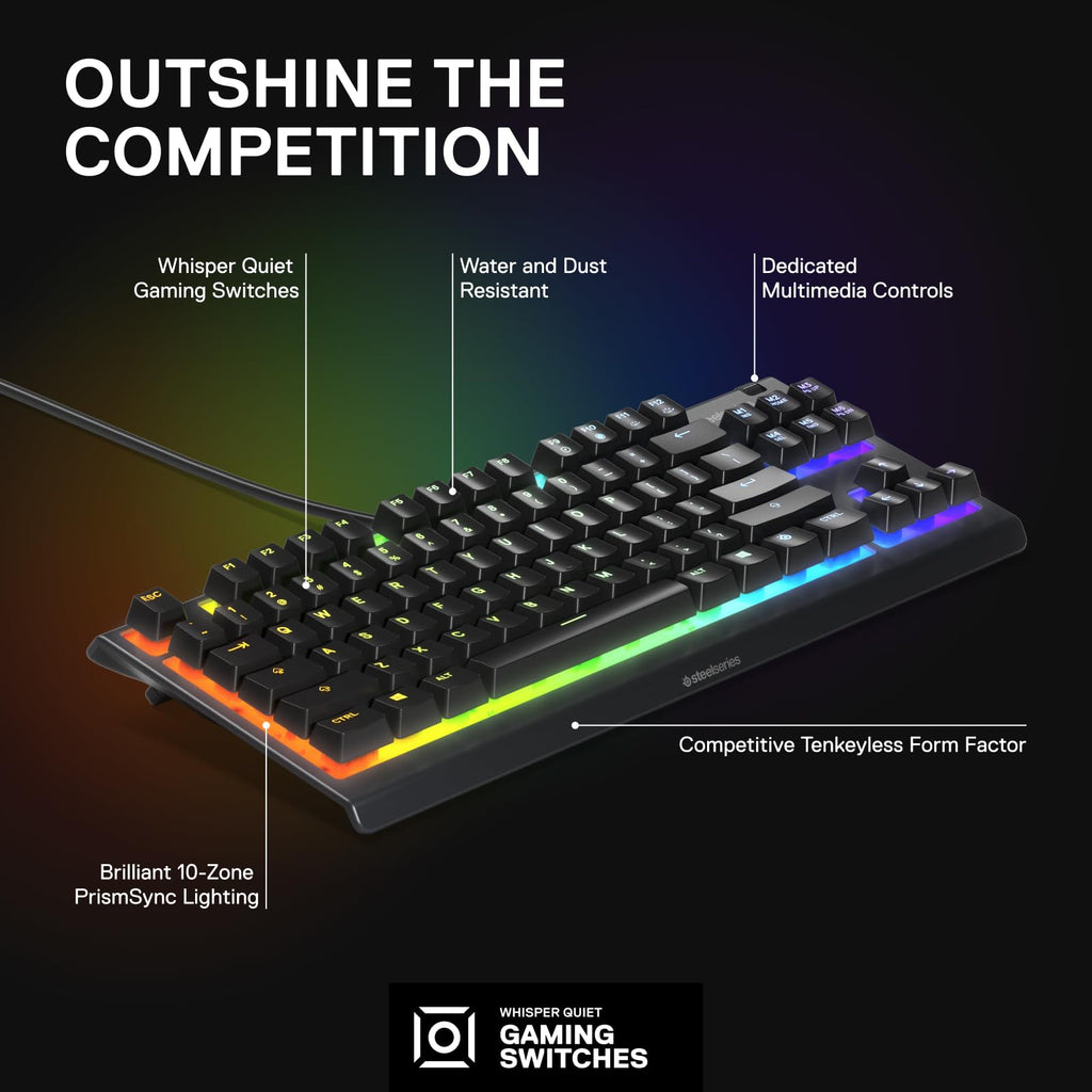SteelSeries Apex 3 gaming keyboard with whisper quiet switches and PrismSync lighting