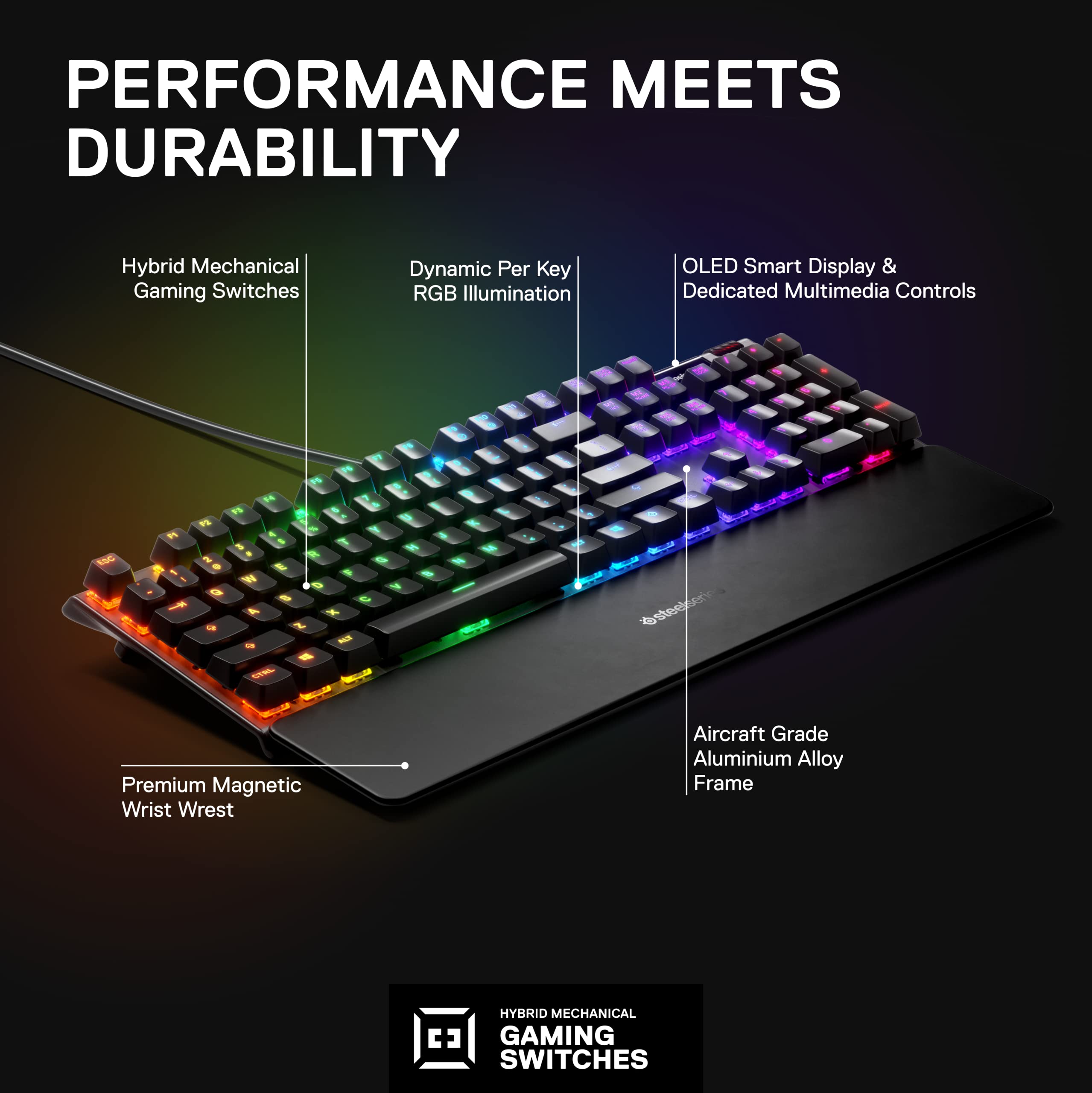 SteelSeries Apex 3 gaming keyboard with hybrid mechanical switches RGB illumination and aluminum frame