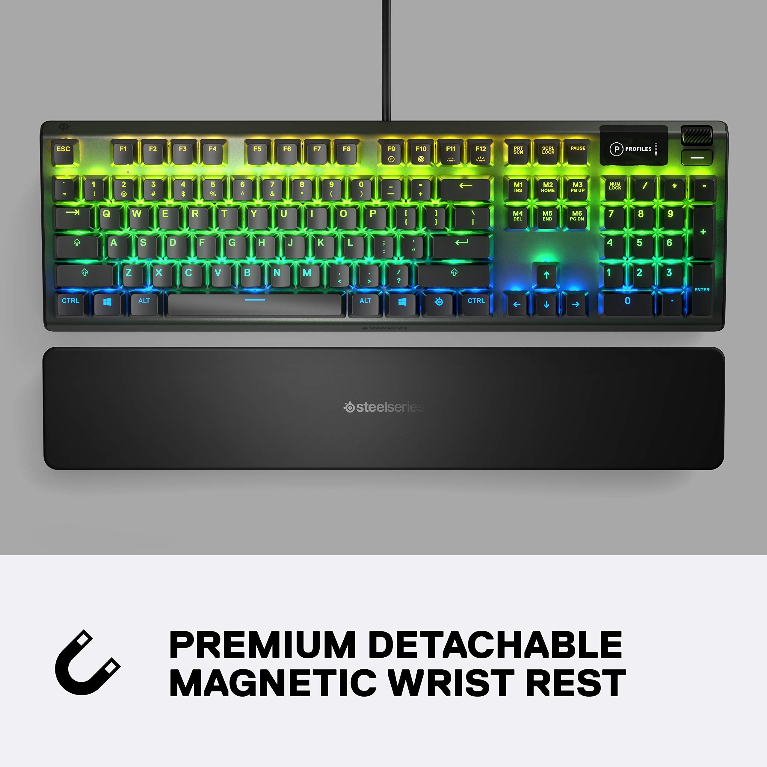 SteelSeries Apex 3 gaming keyboard with RGB lighting and premium detachable magnetic wrist rest