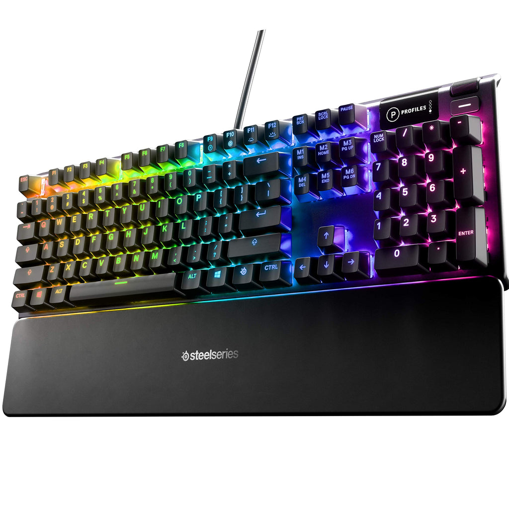 SteelSeries Apex 3 gaming keyboard with RGB backlighting and detachable wrist rest
