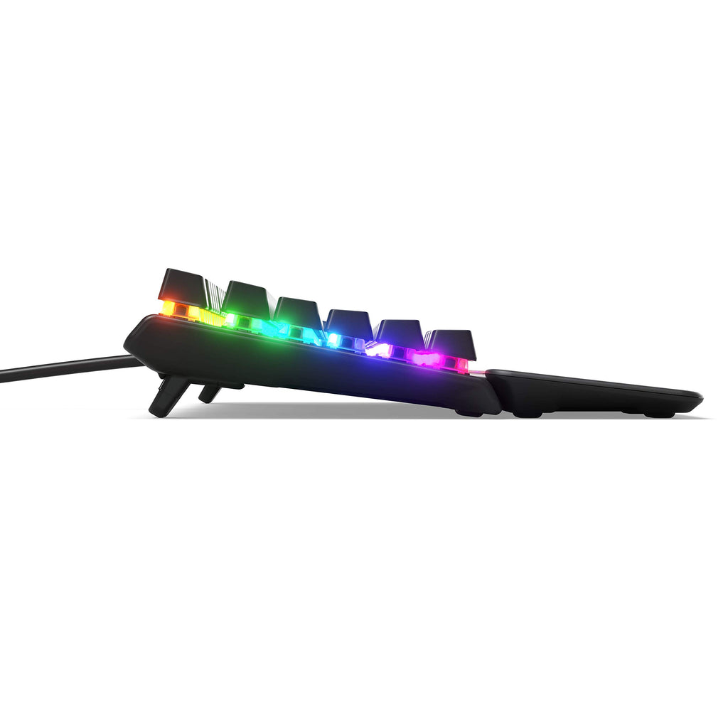 Side view of SteelSeries Apex 3 gaming keyboard showing RGB backlighting and low-profile keys