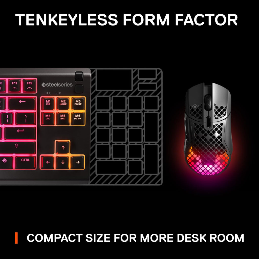 SteelSeries Apex 3 gaming keyboard tenkeyless compact design with RGB lighting and gaming mouse