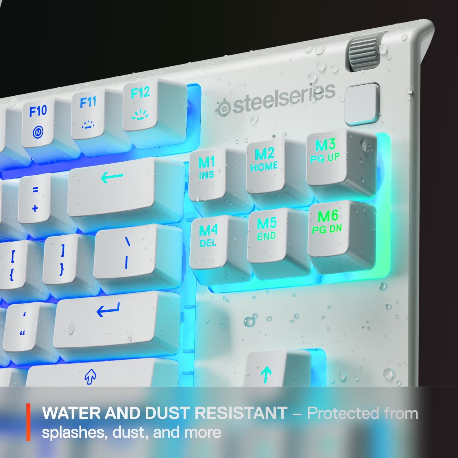 SteelSeries Apex 3 gaming keyboard close-up showing water and dust resistance with glowing blue backlit keys