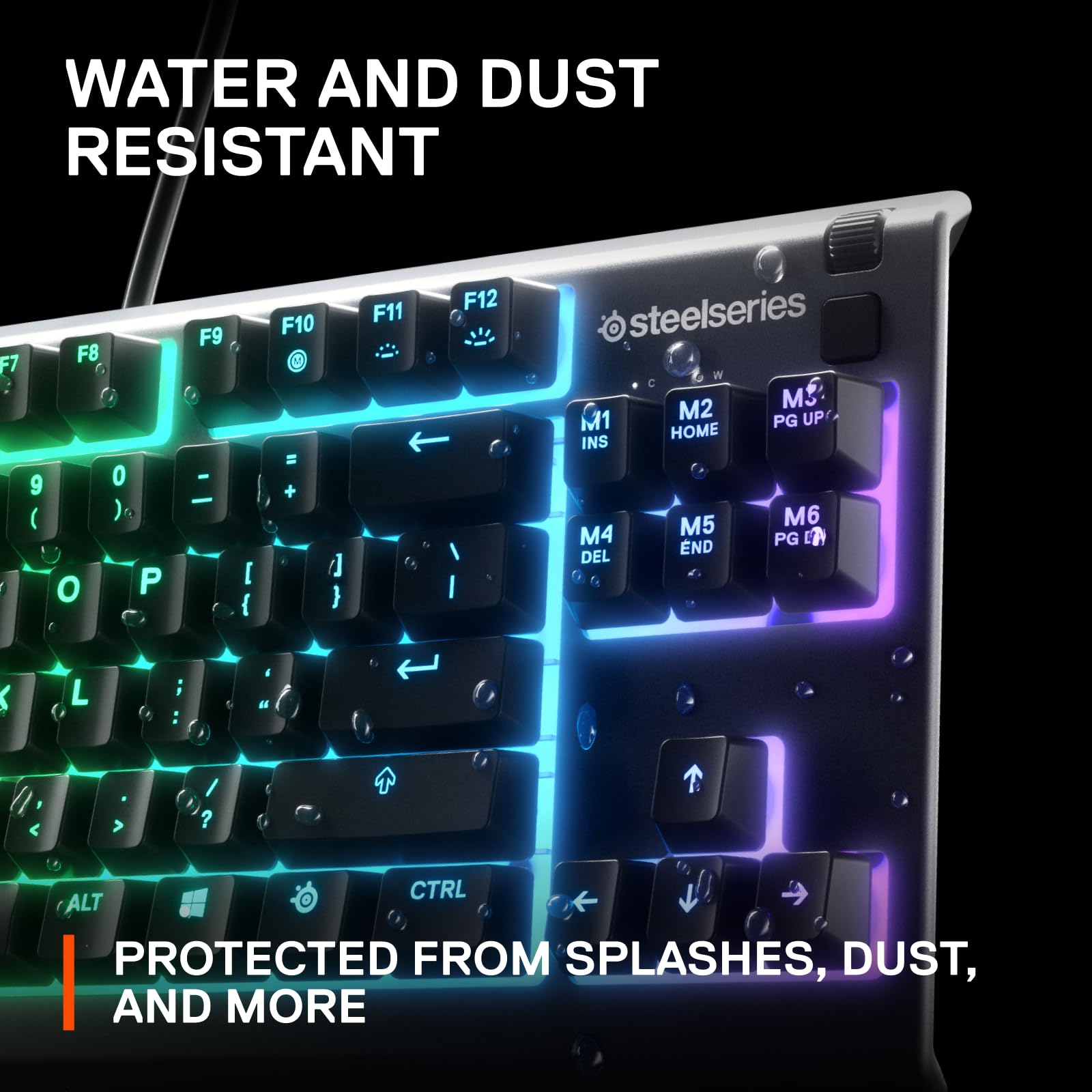 SteelSeries Apex 3 gaming keyboard with RGB lighting and water and dust resistant design