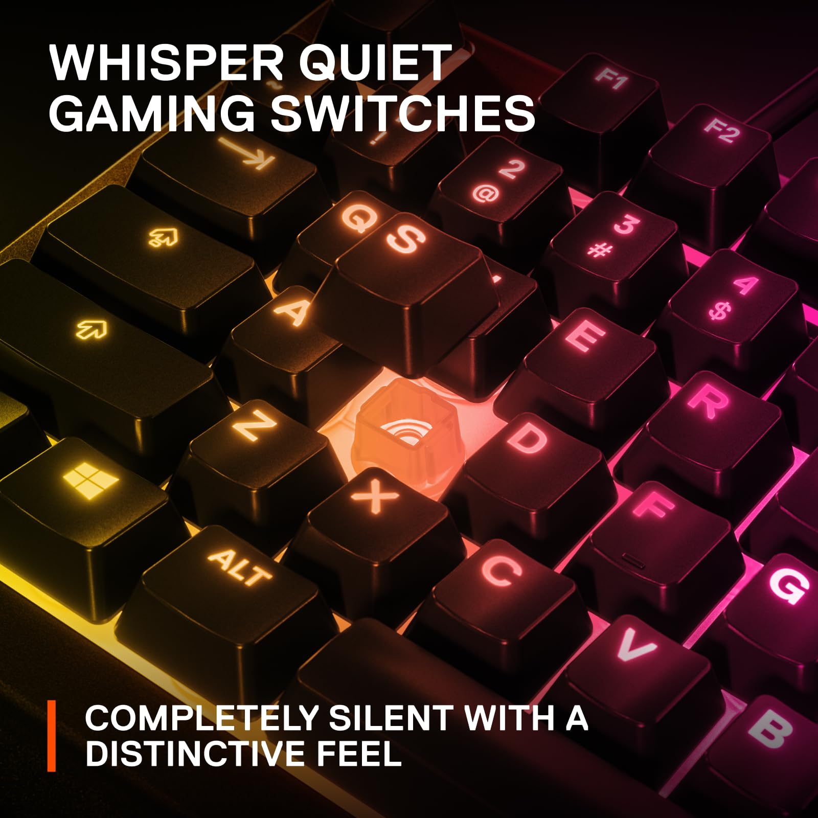 Close-up of SteelSeries Apex 3 gaming keyboard keys with colorful backlighting and whisper quiet gaming switches