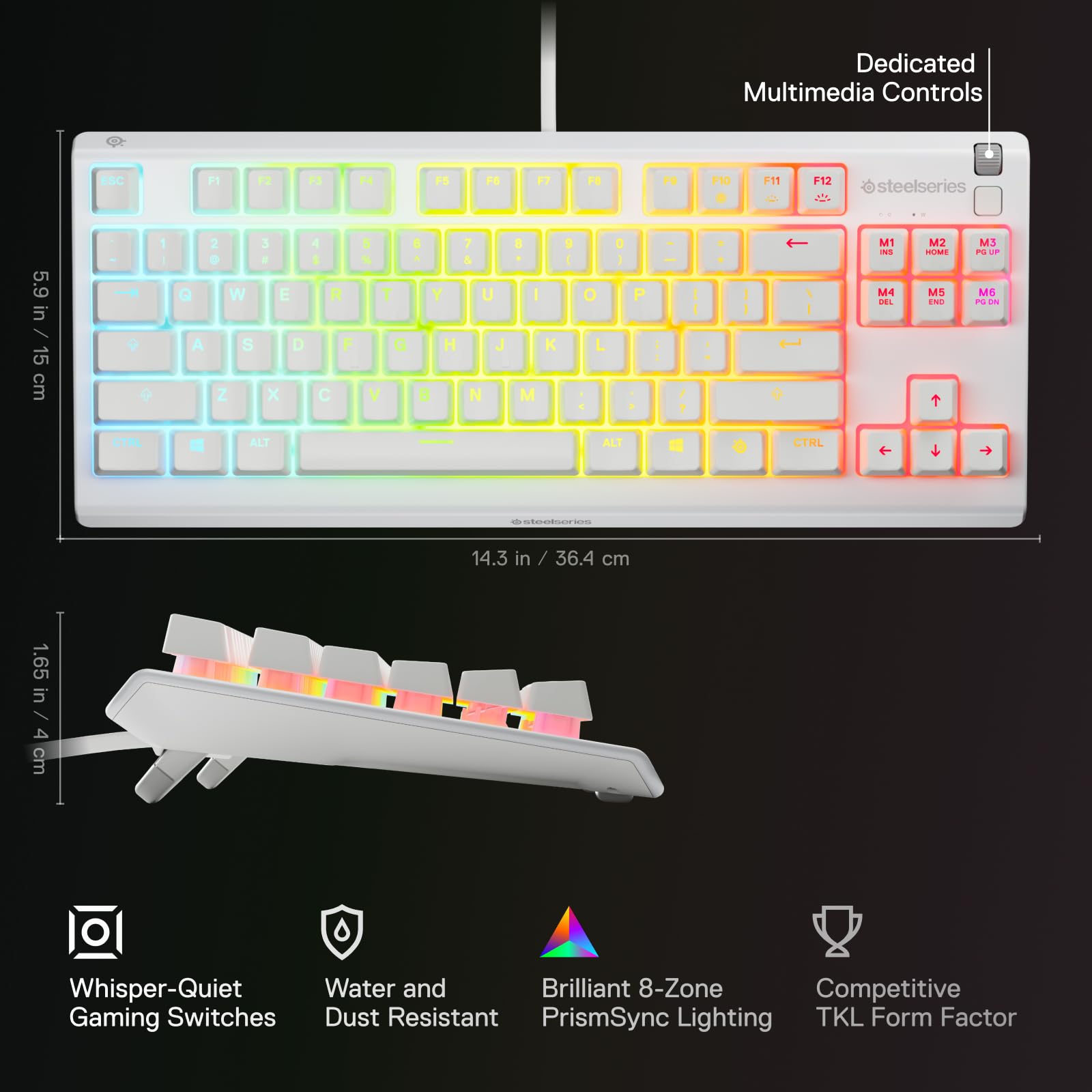 SteelSeries Apex 3 gaming keyboard in white with RGB lighting and dedicated multimedia controls