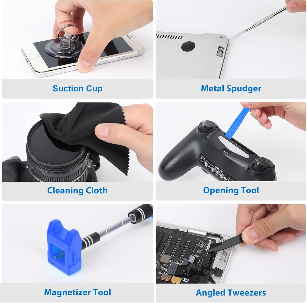 Electronics precision screwdriver set by craques with suction cup metal spudger cleaning cloth opening tool magnetizer and angled tweezers