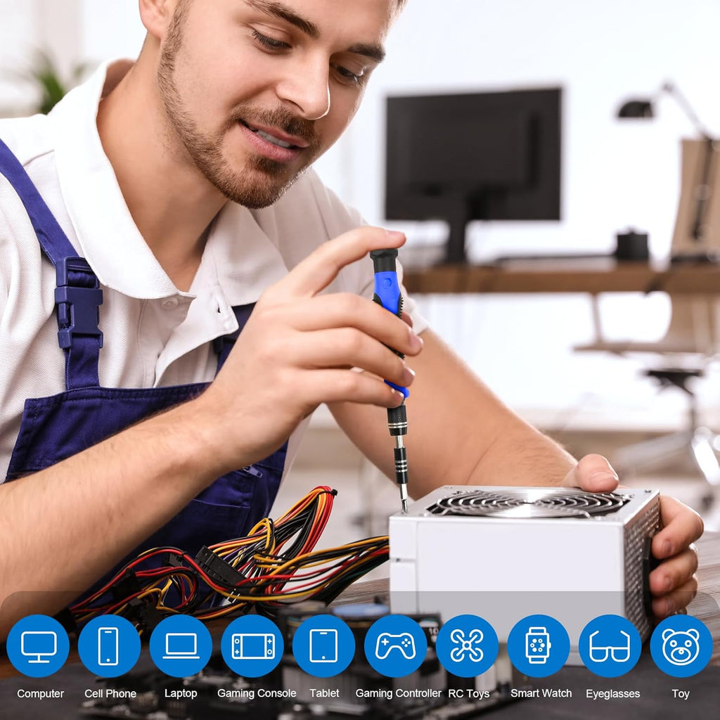 Man using electronics precision screwdriver set to repair a computer power supply unit