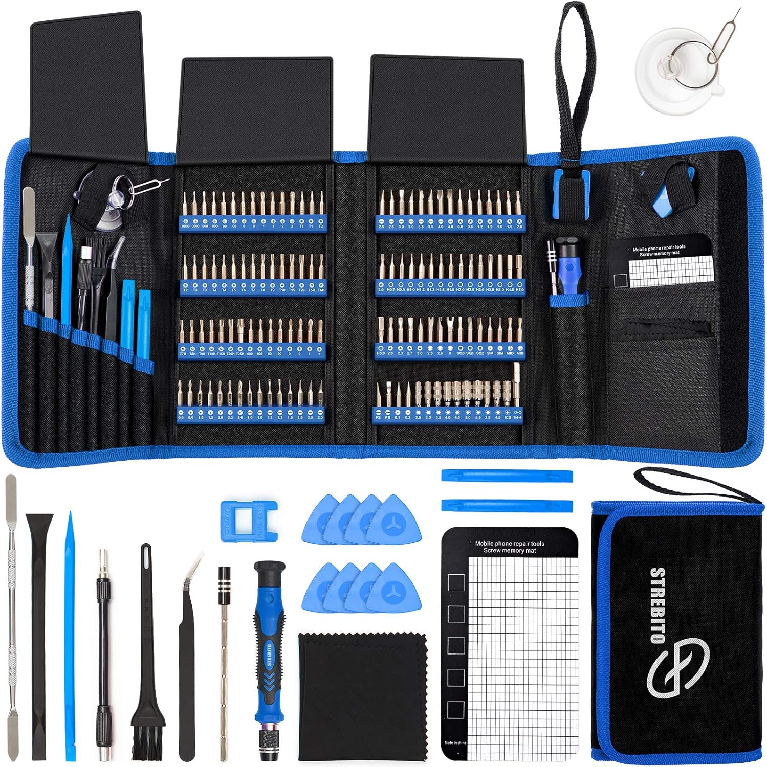 Craques electronics precision screwdriver set with multiple screwdriver bits and tools in a blue and black foldable case