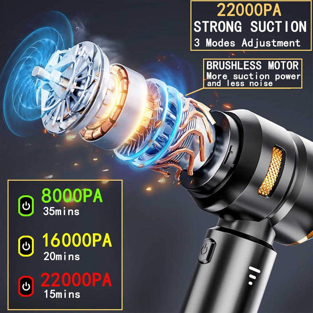 Cordless car vacuum cleaner with brushless motor and 22000PA strong suction showing internal motor parts