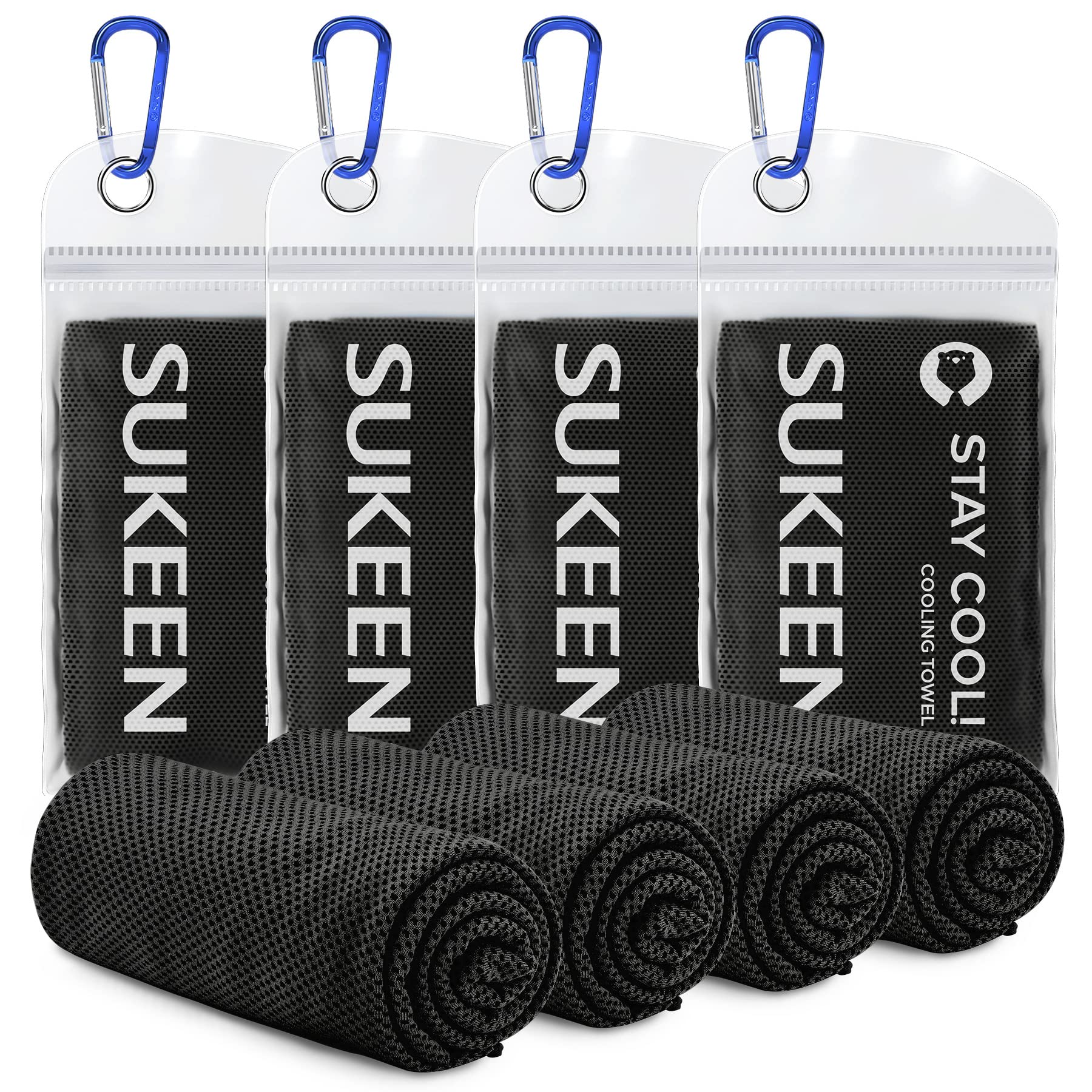 Set of four black SUKEEN cooling towels for sports with blue carabiner clips in clear packaging