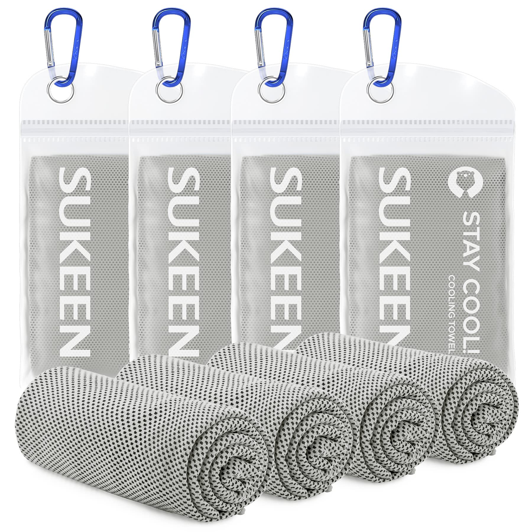 Set of four SUKEEN cooling towels for sports with blue carabiner clips in mesh carrying pouches