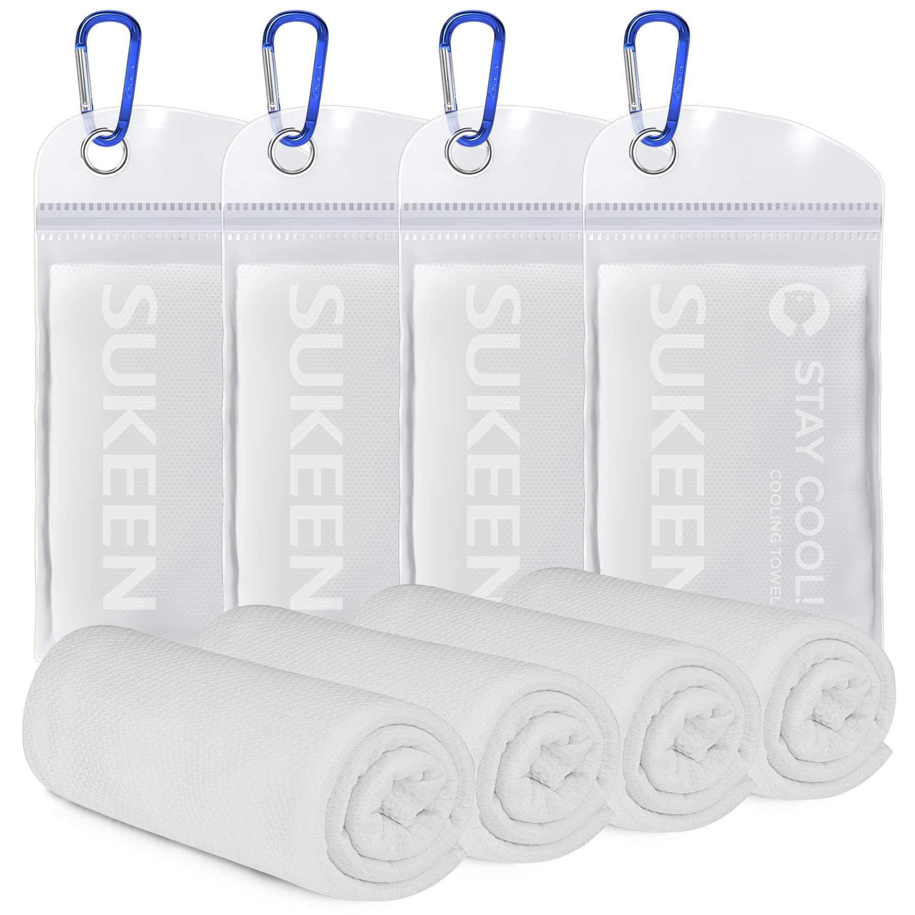 Set of four white cooling towel for sports with blue carabiner clips in clear packaging