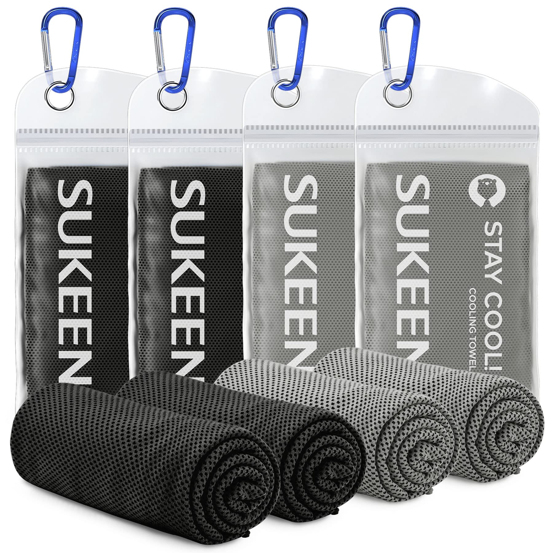Sukeen black and gray cooling towel for sports with carabiner clip in clear resealable pouch