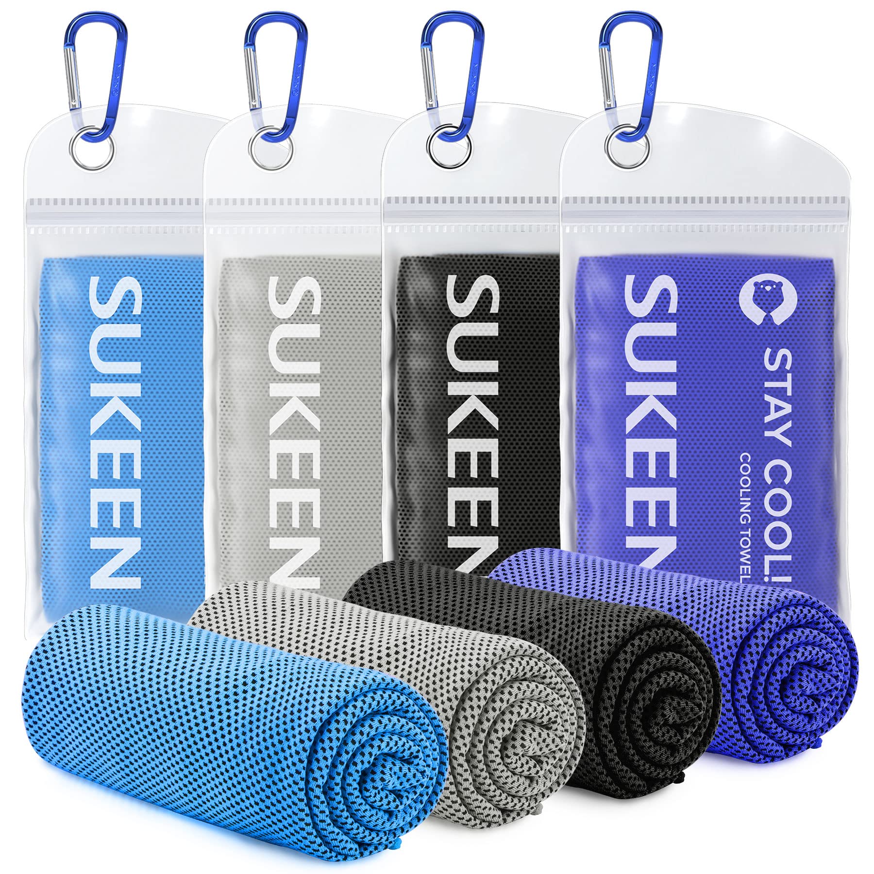Craques cooling towel for sports set in blue gray black and purple with mesh texture and carabiner clips