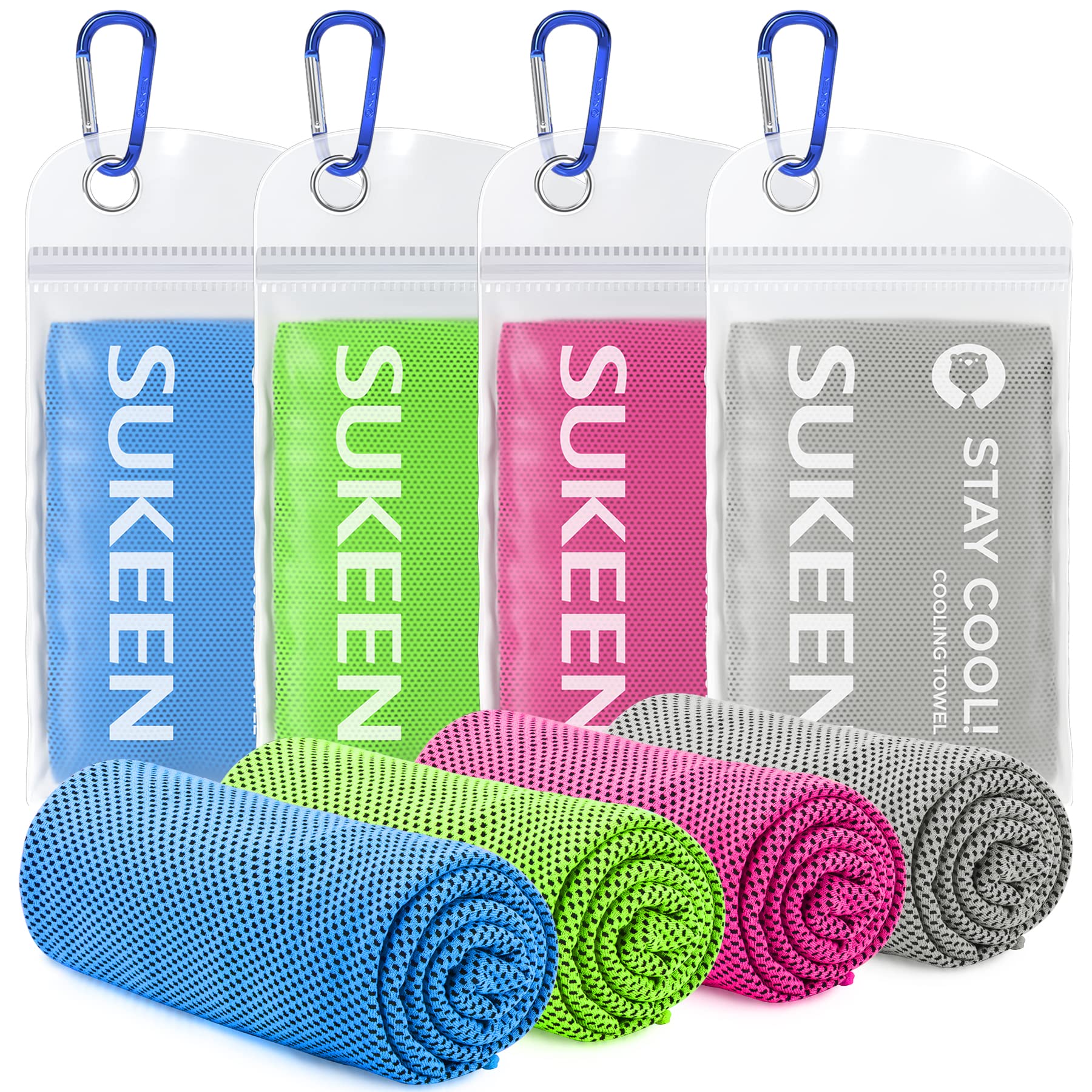 Set of four colorful SUKEEN cooling towels for sports with blue carabiner clips and travel pouches