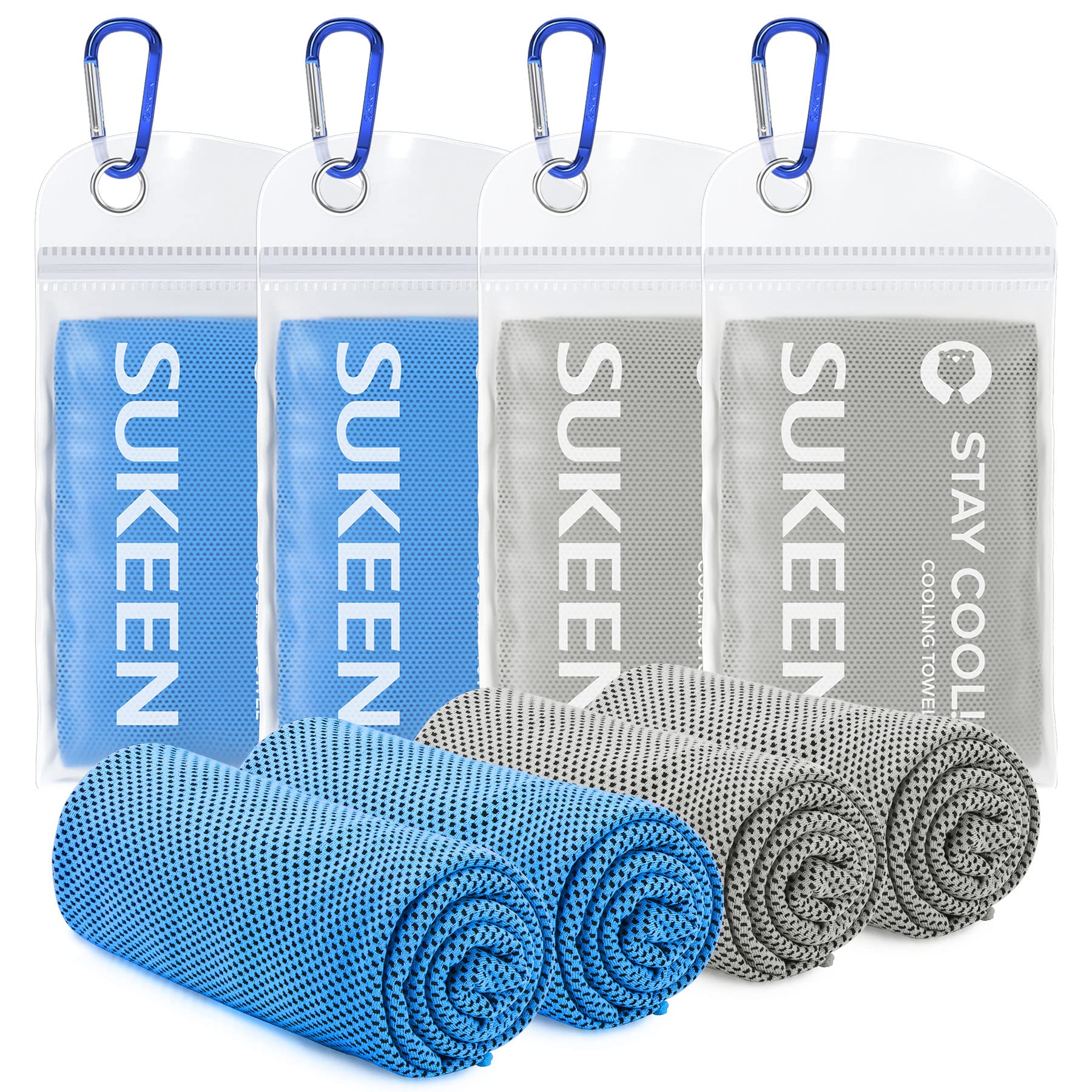 Craques cooling towel for sports in blue and gray with carabiner clips in resealable packaging