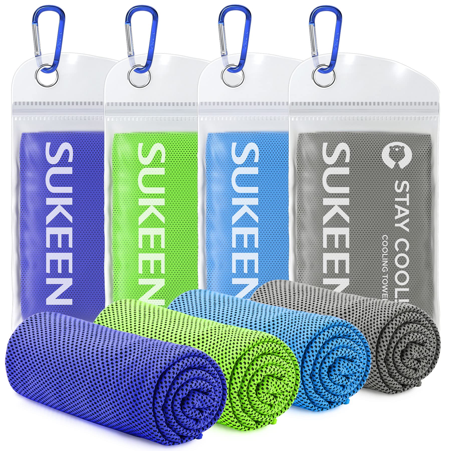 Sukeen cooling towel for sports in blue green and gray with clip and carrying pouch set of four