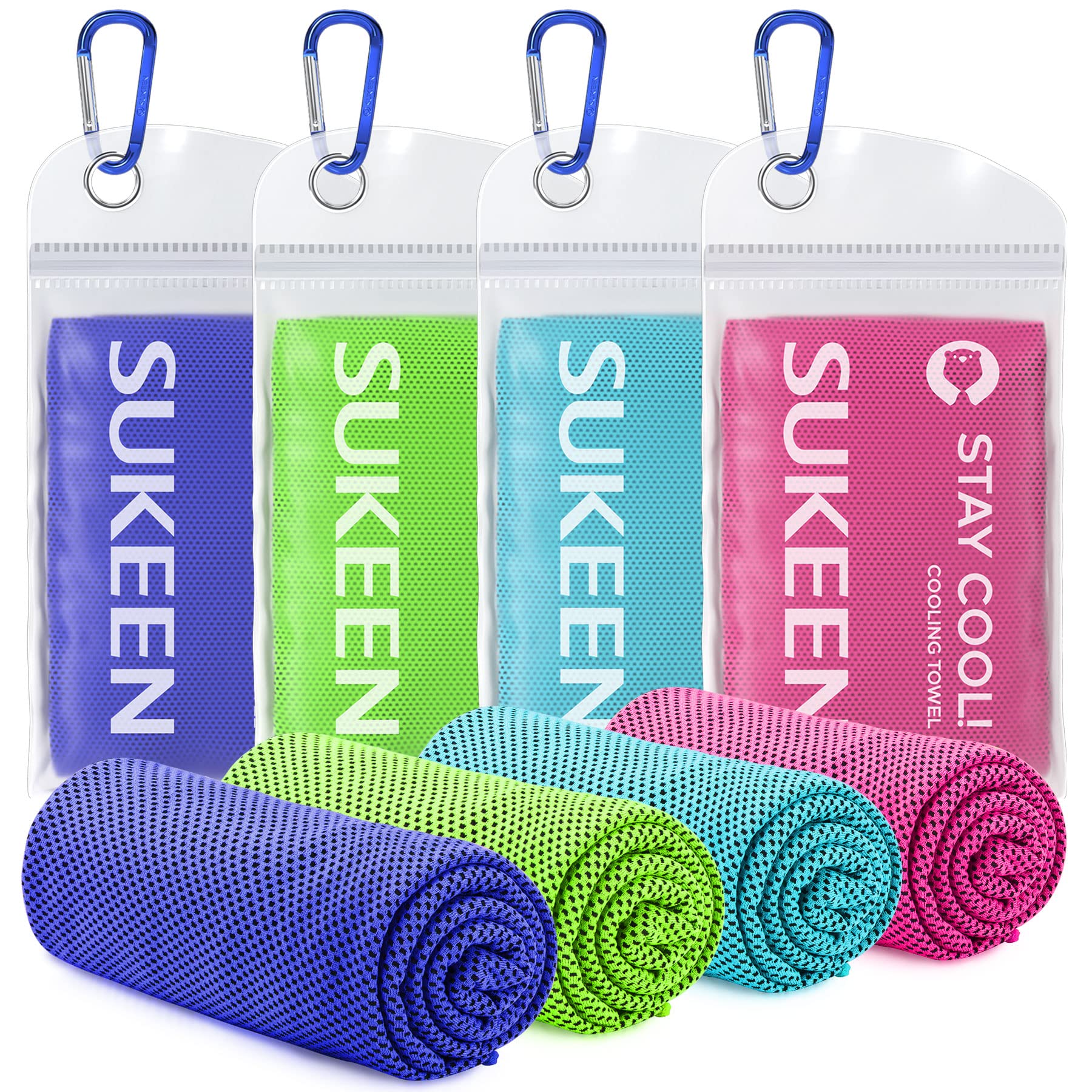Set of colorful cooling towel for sports with carabiner clips in clear packaging by craques