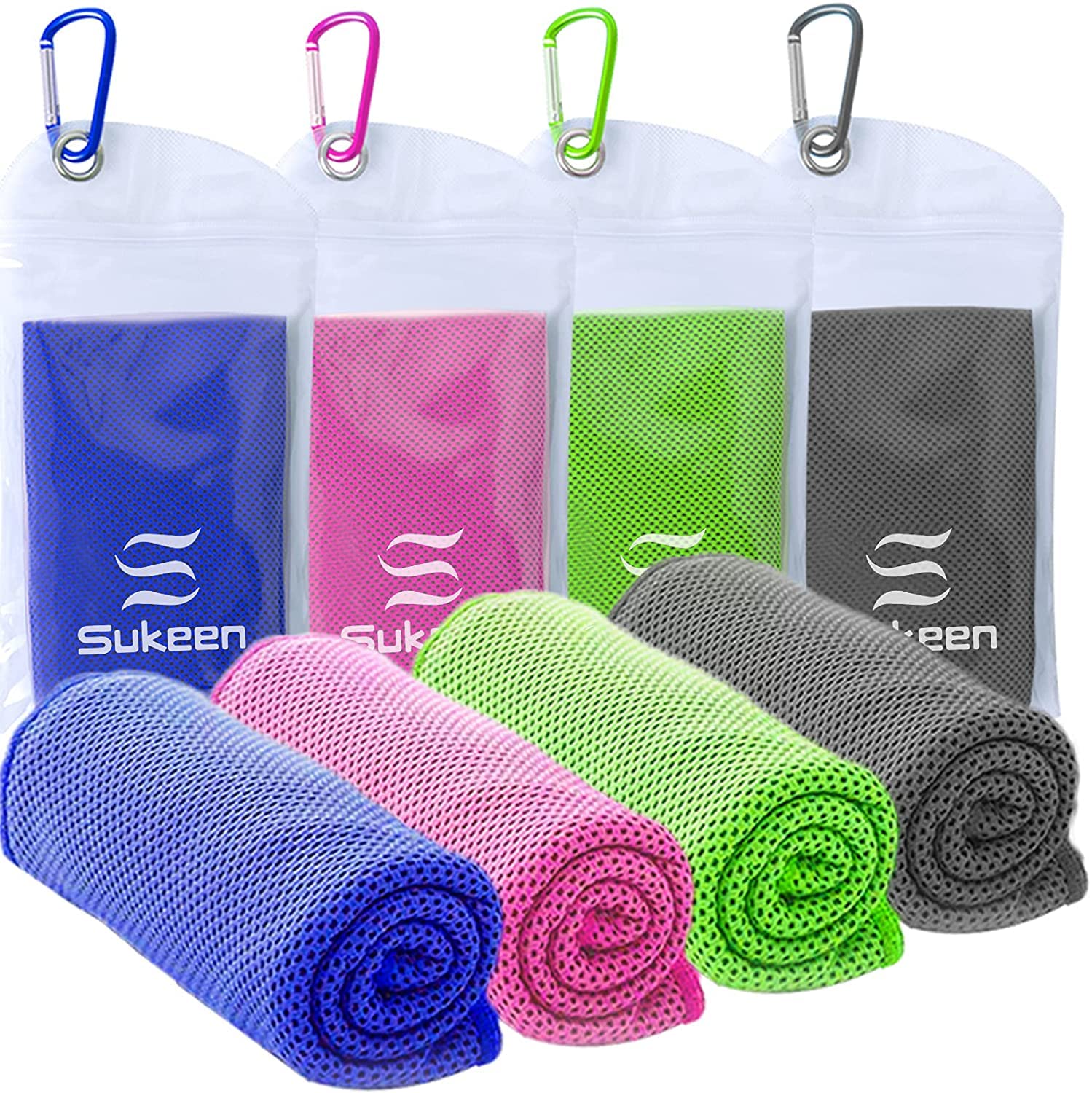 Craques cooling towel for sports in blue pink green and gray with mesh texture and carabiner clips