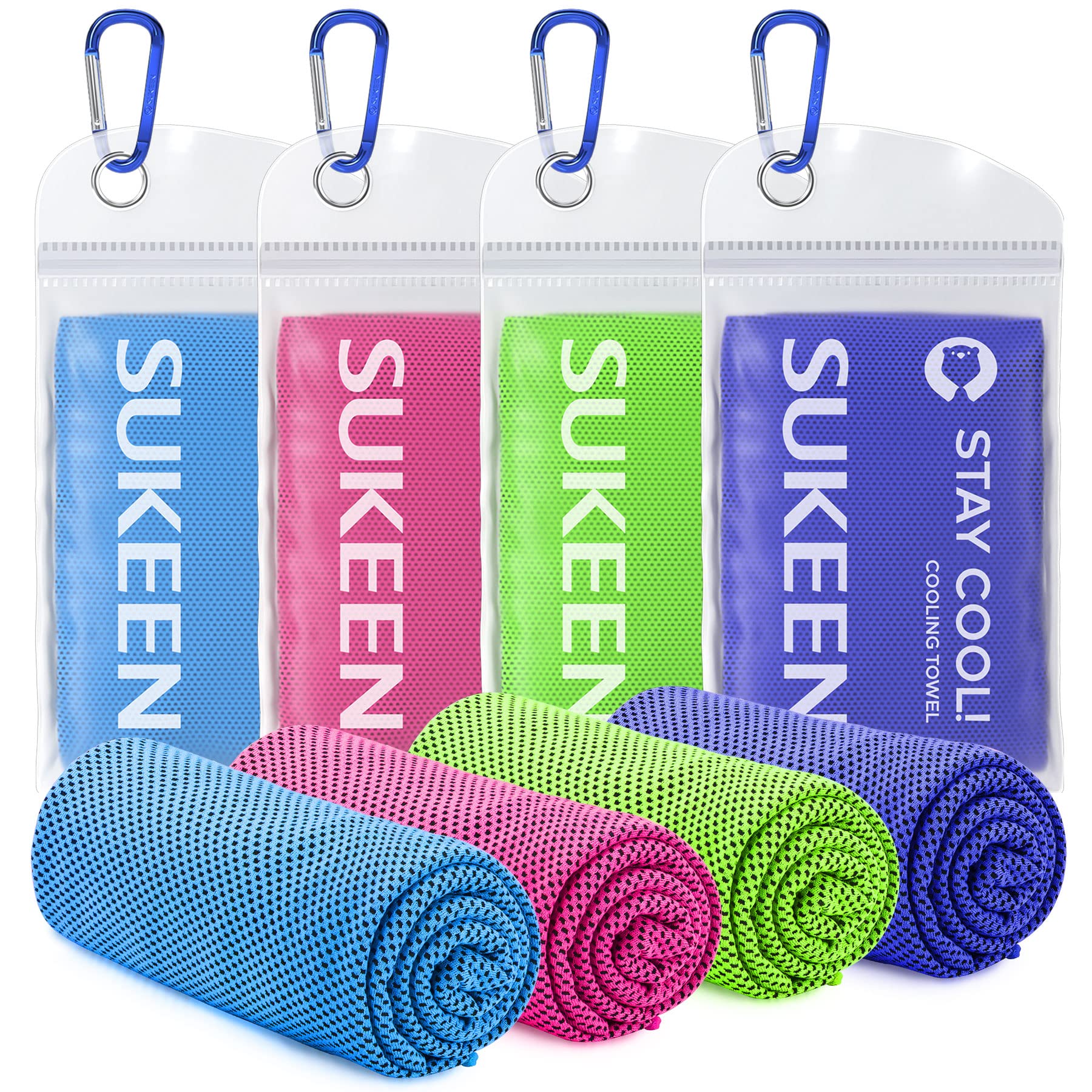 Craques cooling towel for sports in blue pink green and purple with carabiner clips for easy carry