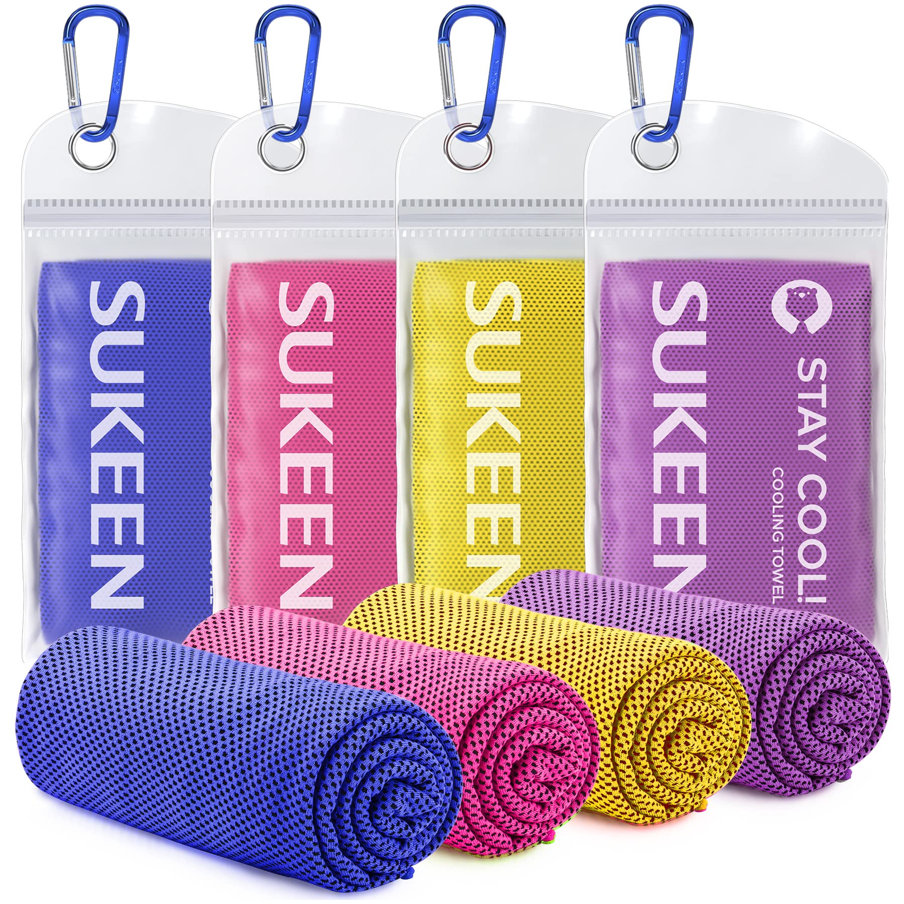 Set of four colorful SUKEEN cooling towel for sports with blue carabiner clips in clear pouches