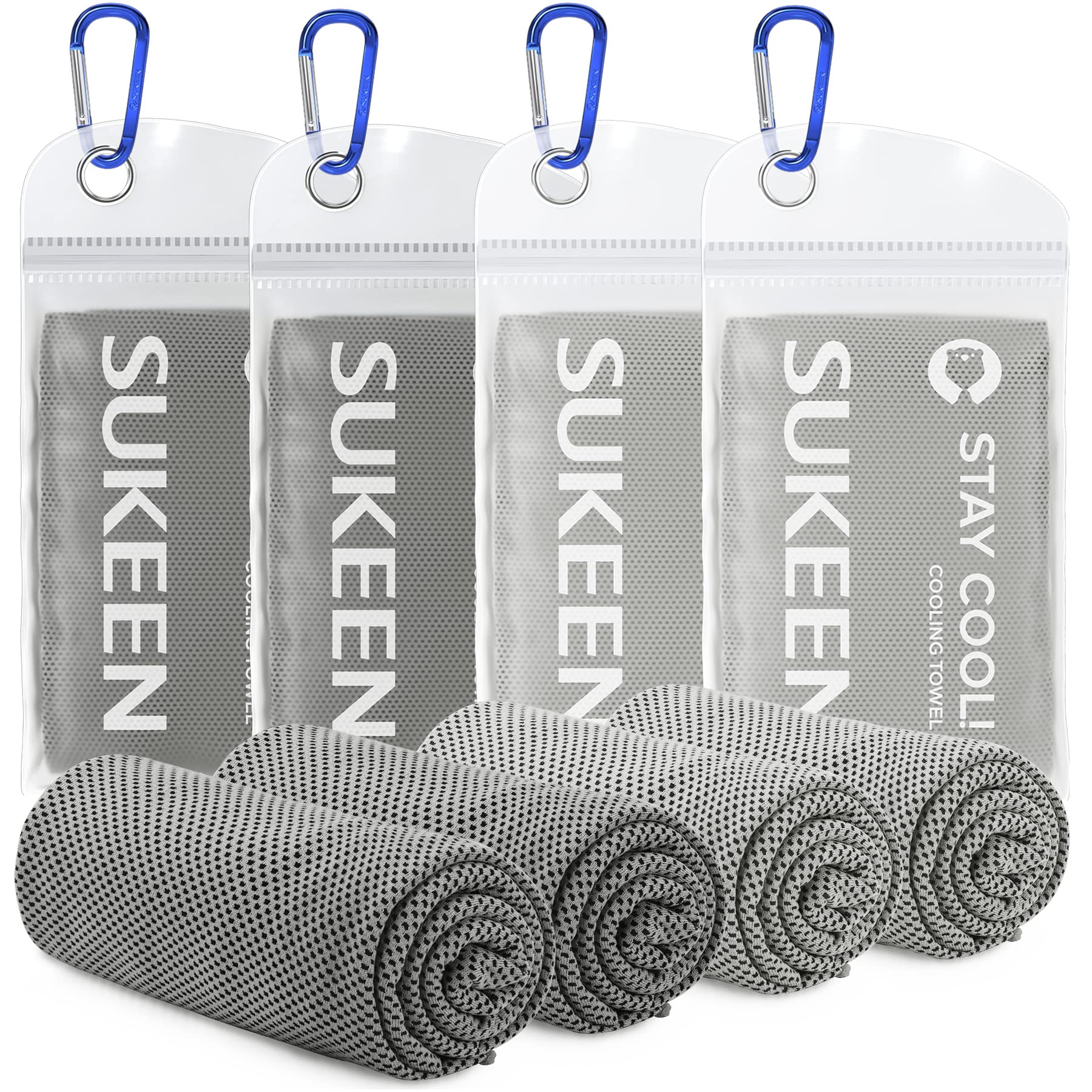 craques cooling towel for sports in gray with black dots, packaged with blue carabiner clips