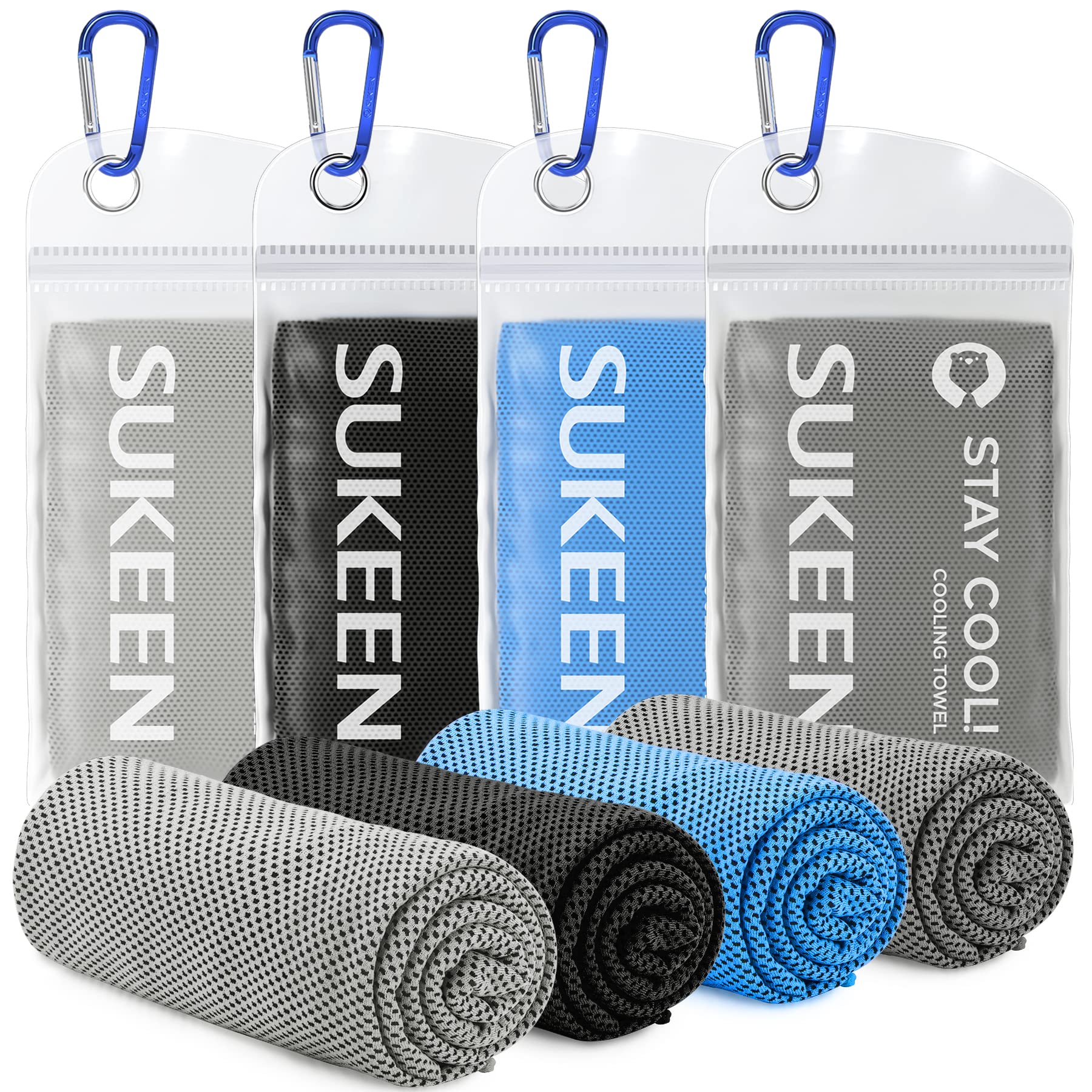 Set of Sukeen cooling towel for sports in gray, black, blue, and light gray with carabiner clips in clear packaging