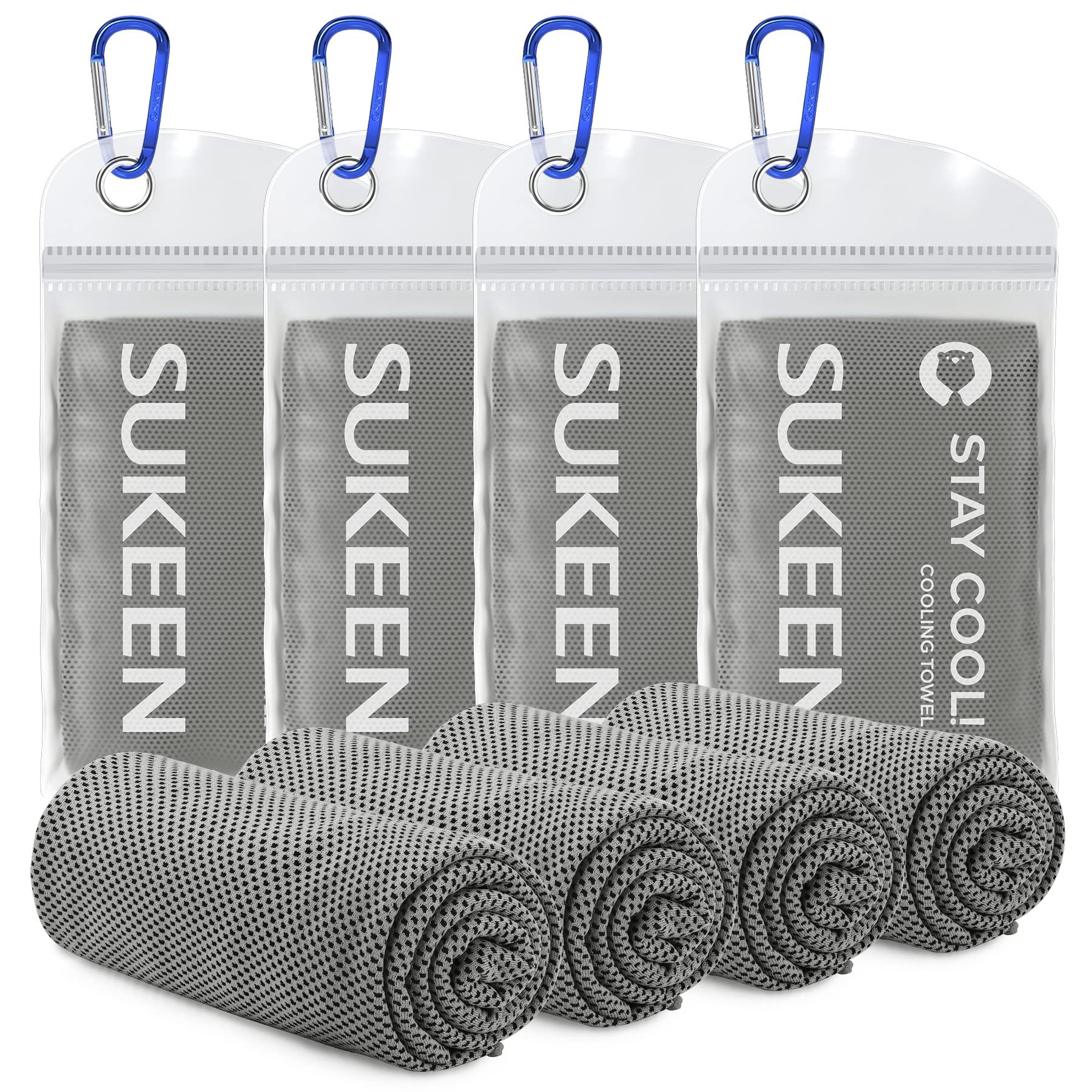Set of four SUKEEN cooling towels for sports with mesh texture and blue carabiner clips in clear pouches