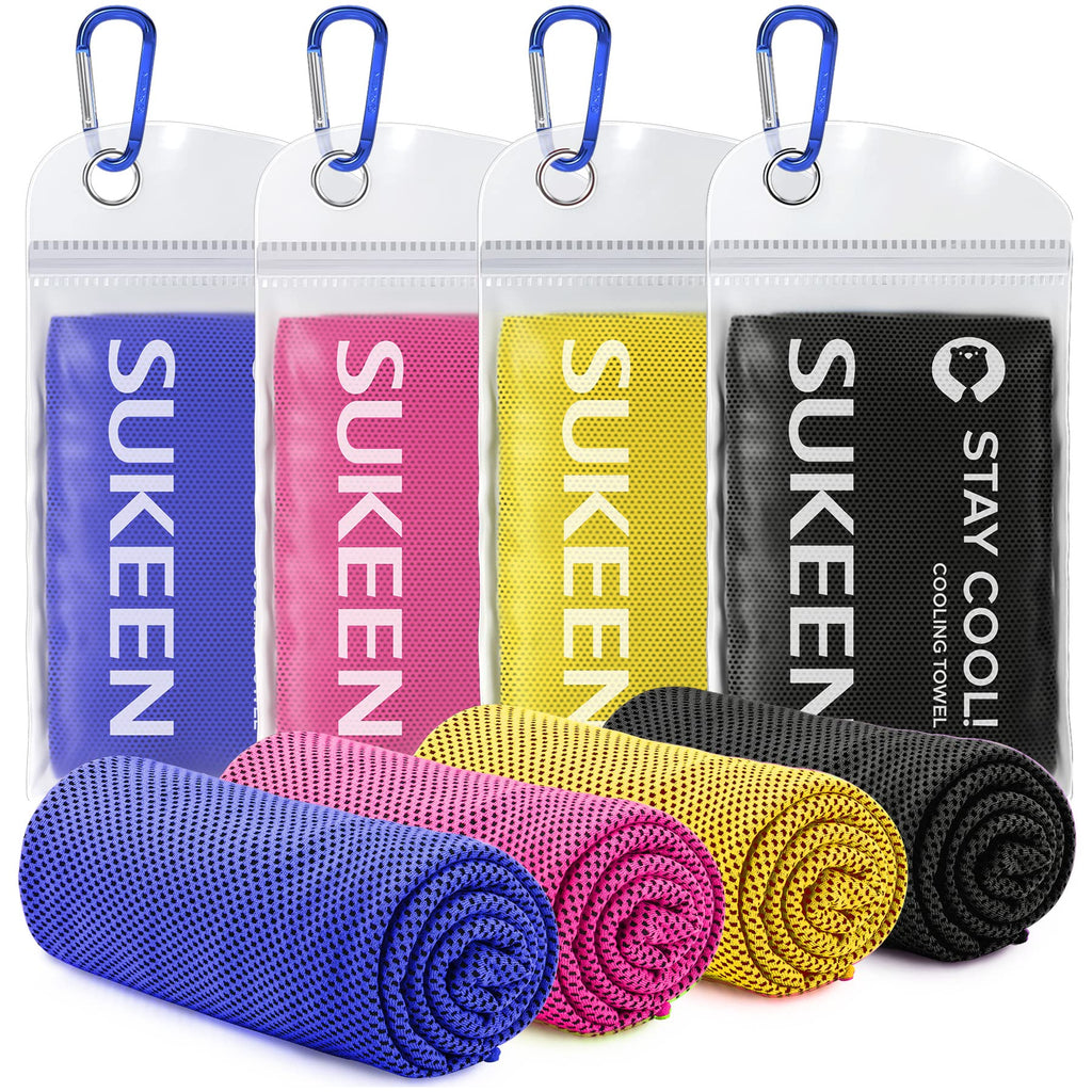 Craques cooling towel for sports set in blue pink yellow and black with carrying pouches and carabiner clips