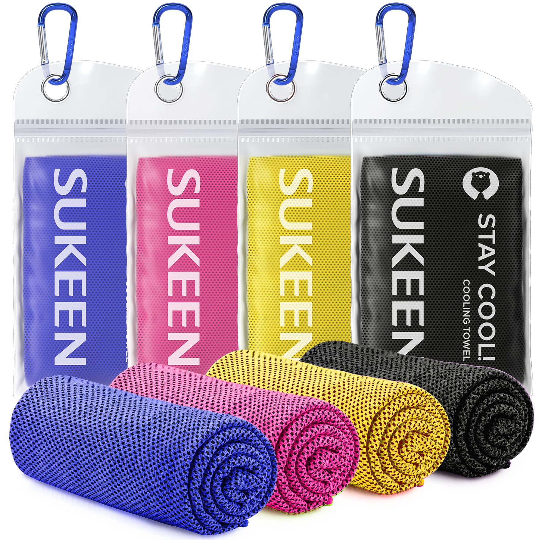 Craques cooling towel for sports set in blue pink yellow and black with carrying pouches and carabiner clips