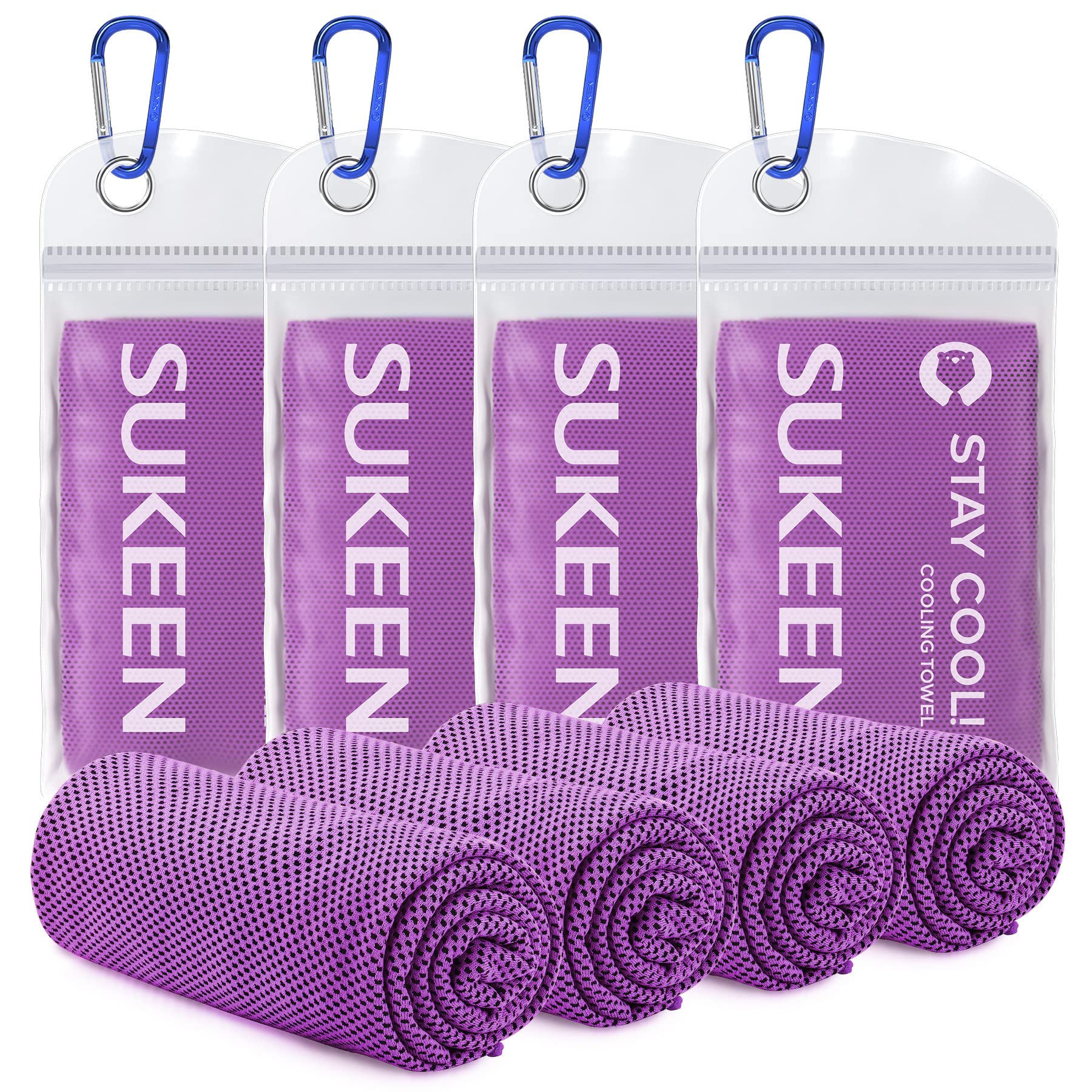 Purple cooling towel for sports by craques with breathable mesh fabric and carabiner for easy carrying