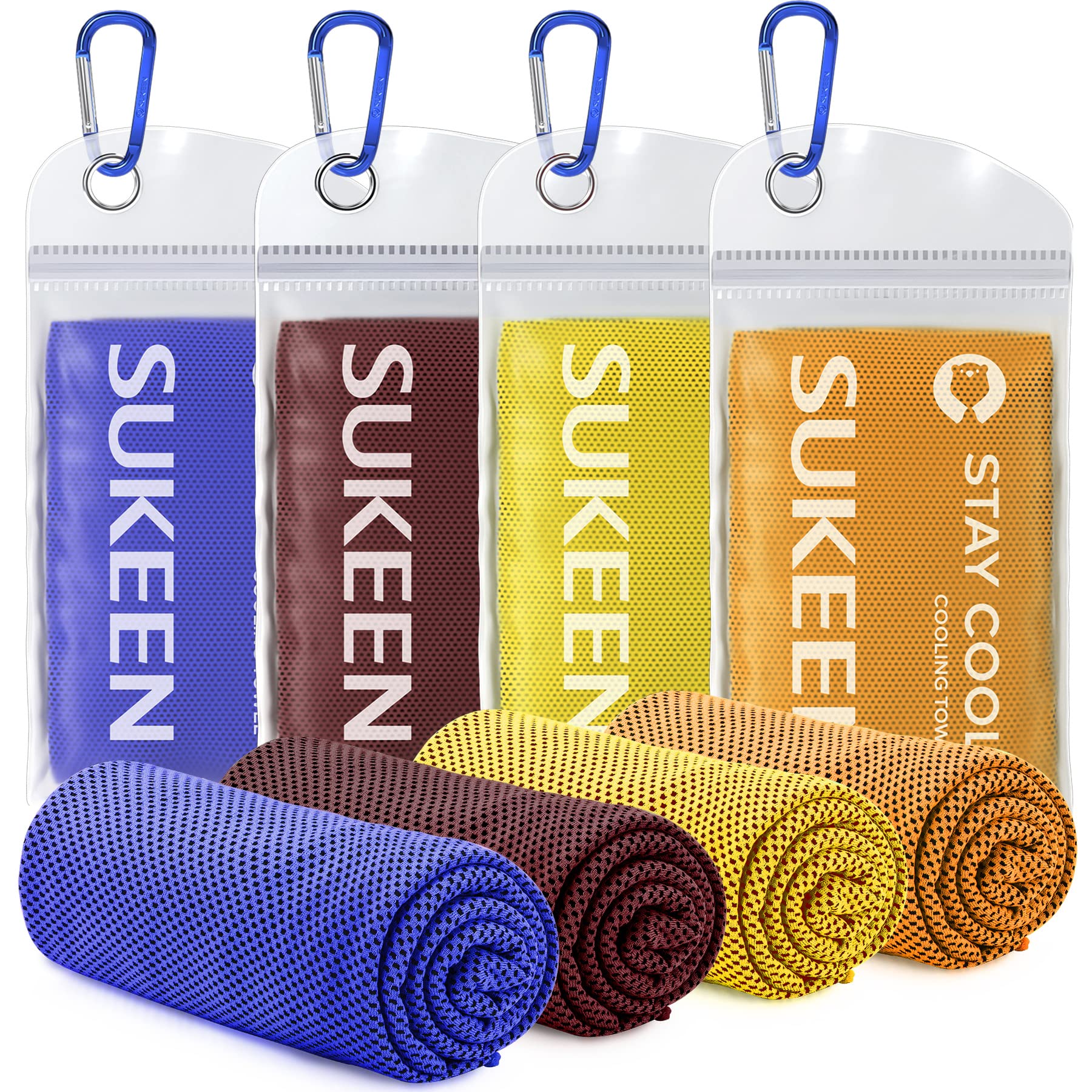 Craques cooling towel for sports in blue brown yellow and orange with carrying cases and carabiner clips