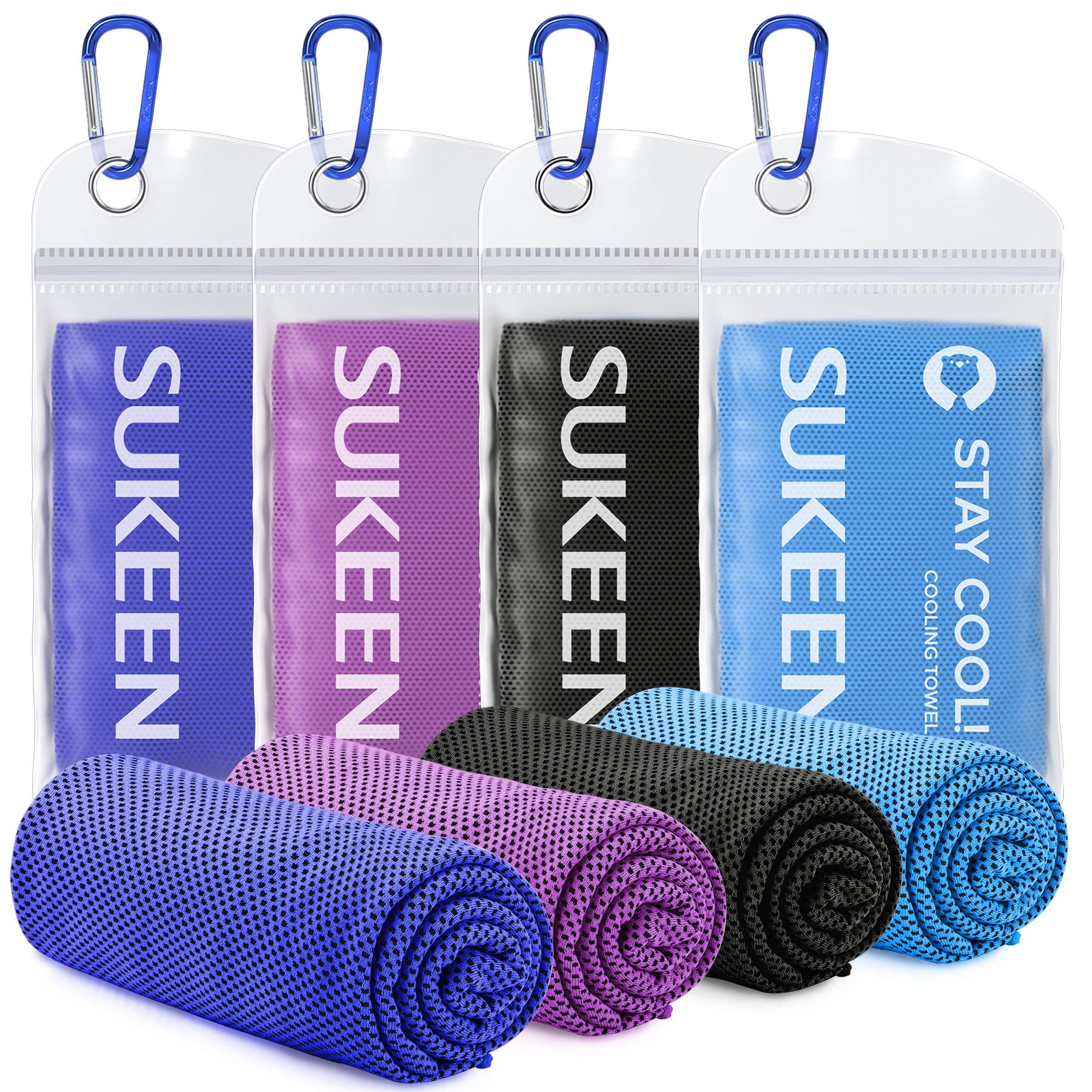Set of four SUKEEN cooling towels for sports in purple, pink, black, and blue with carabiner clips