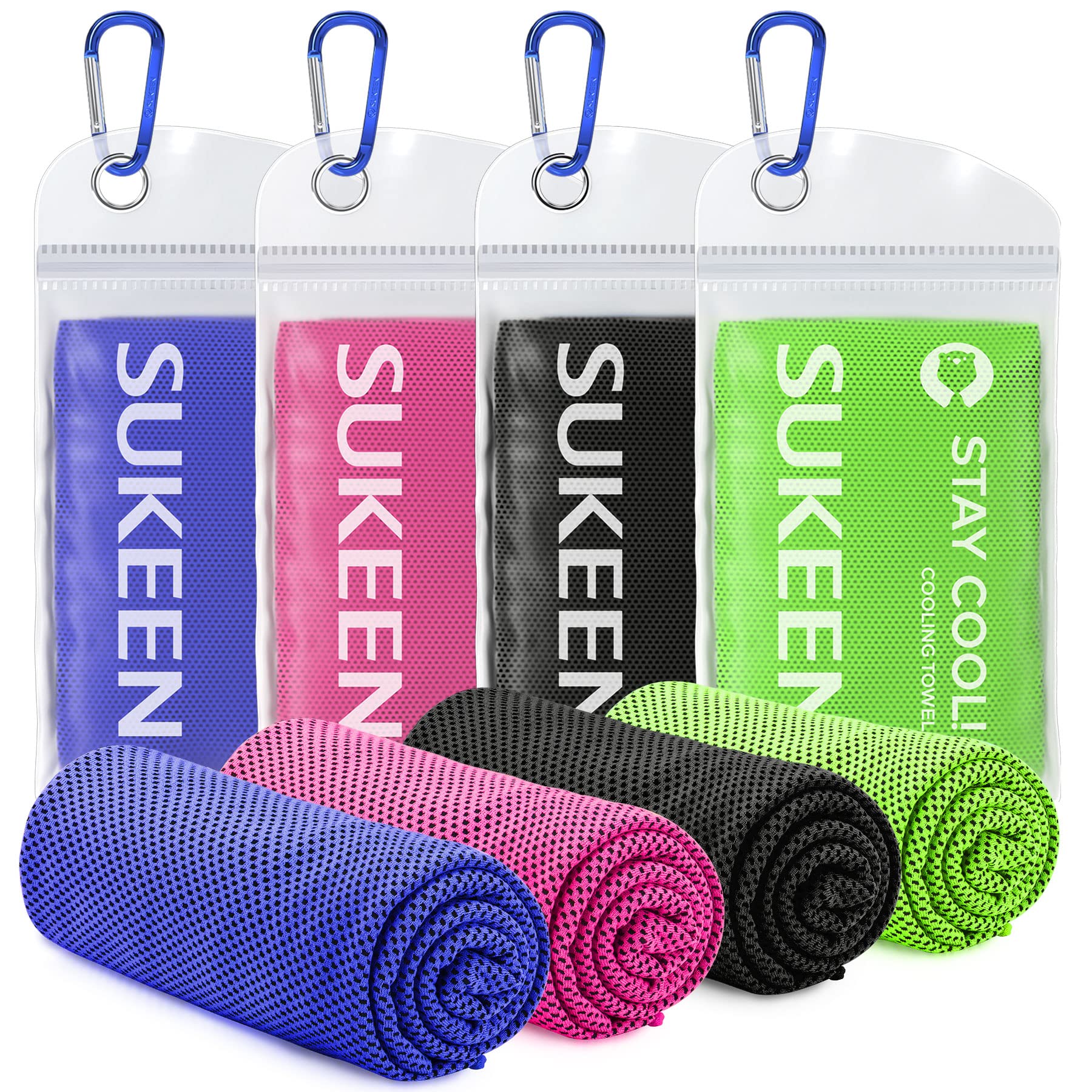 Set of four colorful SUKEEN cooling towels for sports in blue pink black and green with carabiner clips